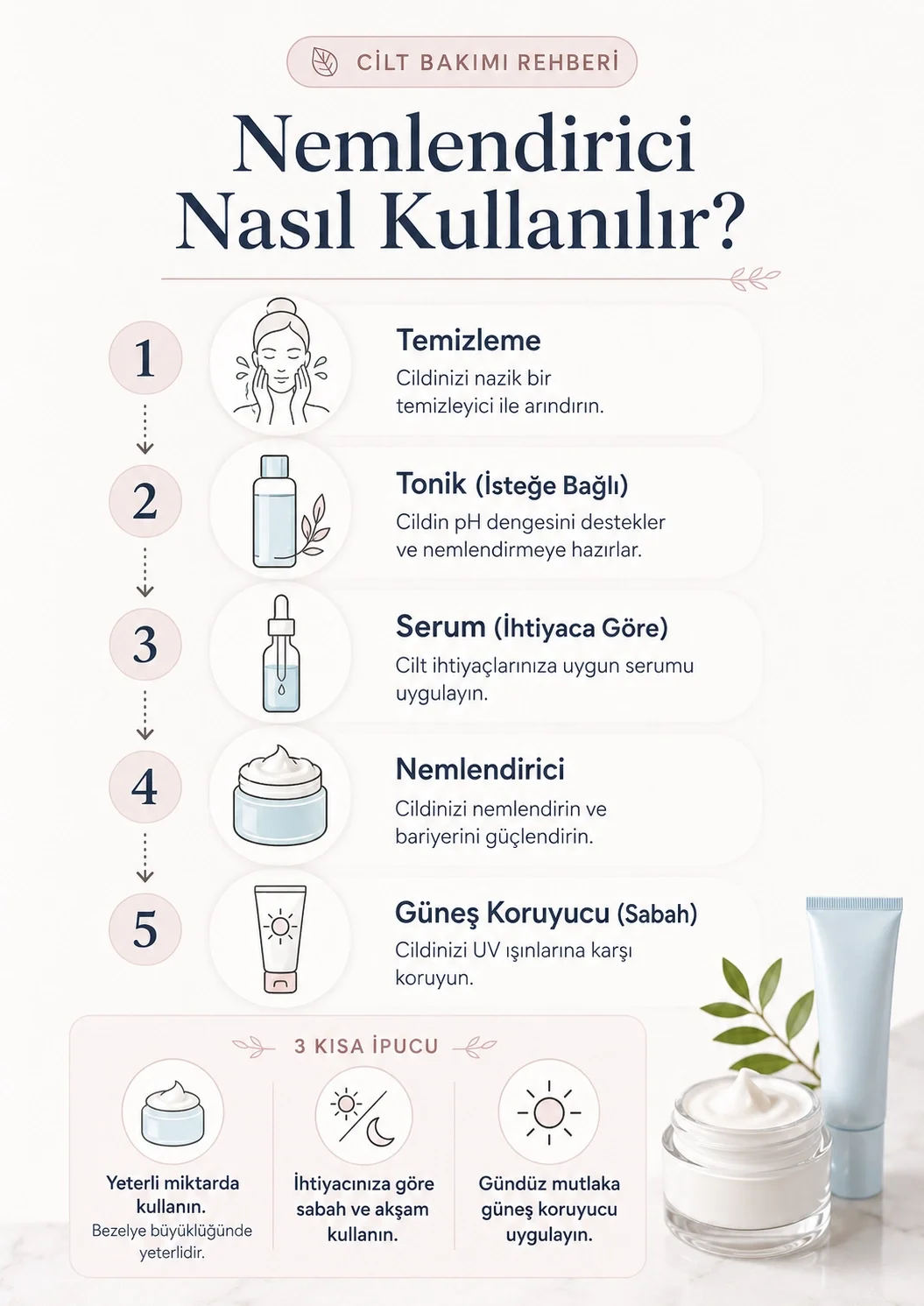 Temizleme, tonik, serum, nemlendirici ve güneş koruyucu adımlarıyla nemlendirici kullanımını gösteren infografik