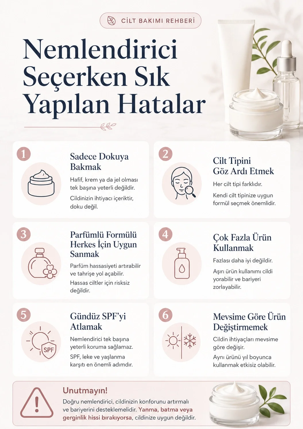 Nemlendirici seçerken yalnızca dokuya bakmak, cilt tipini göz ardı etmek ve fazla ürün kullanmak gibi hatalar