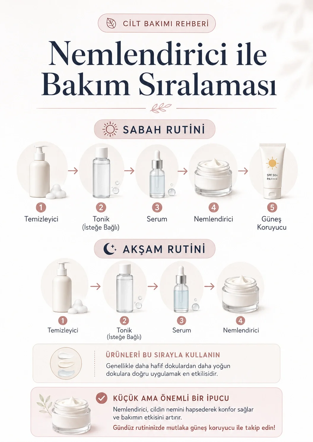 Sabah ve akşam rutininde temizleyici, tonik, serum, nemlendirici ve güneş koruyucu sıralaması