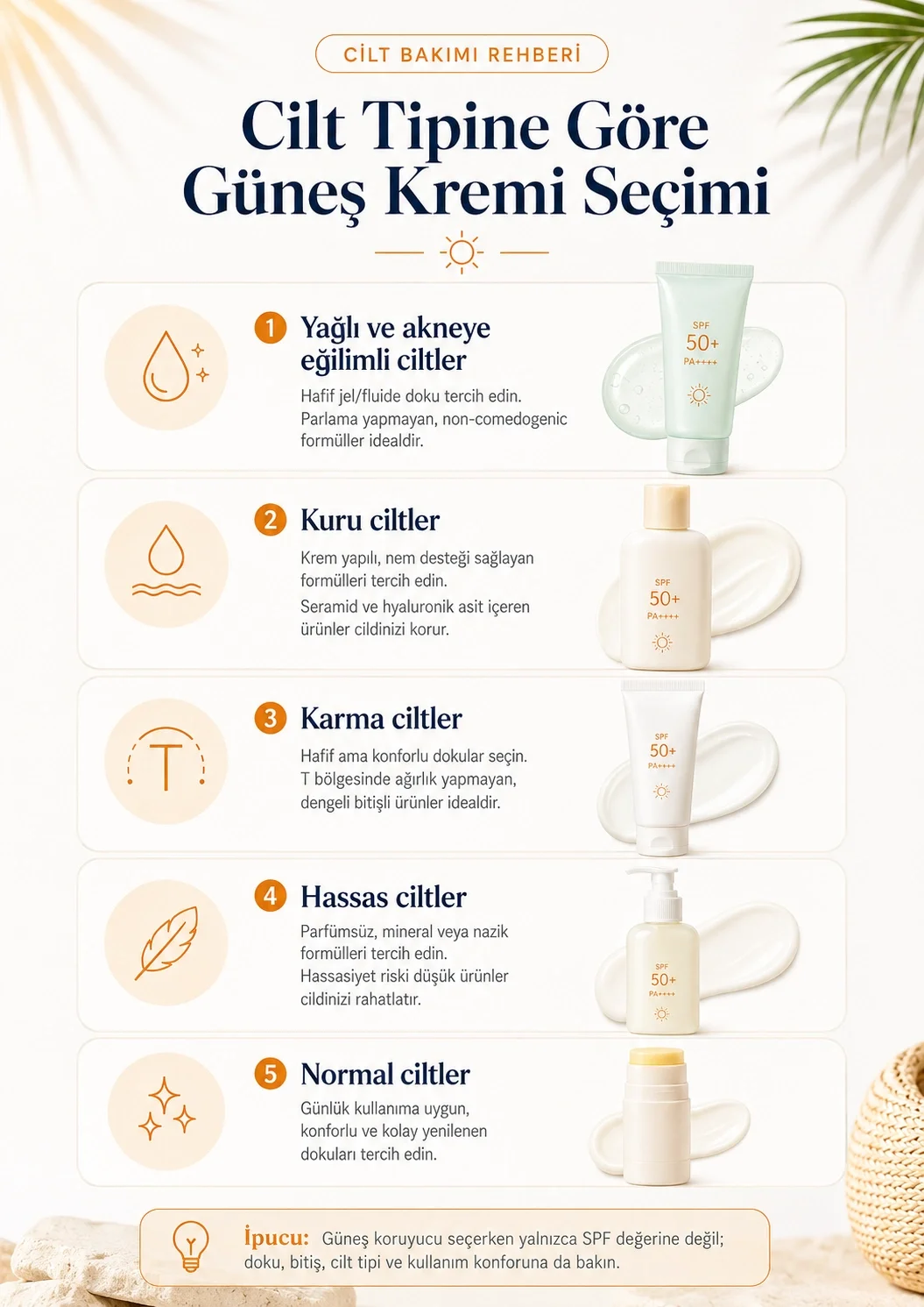 Yağlı, kuru, karma, hassas ve normal ciltler için güneş kremi seçimi infografiği
