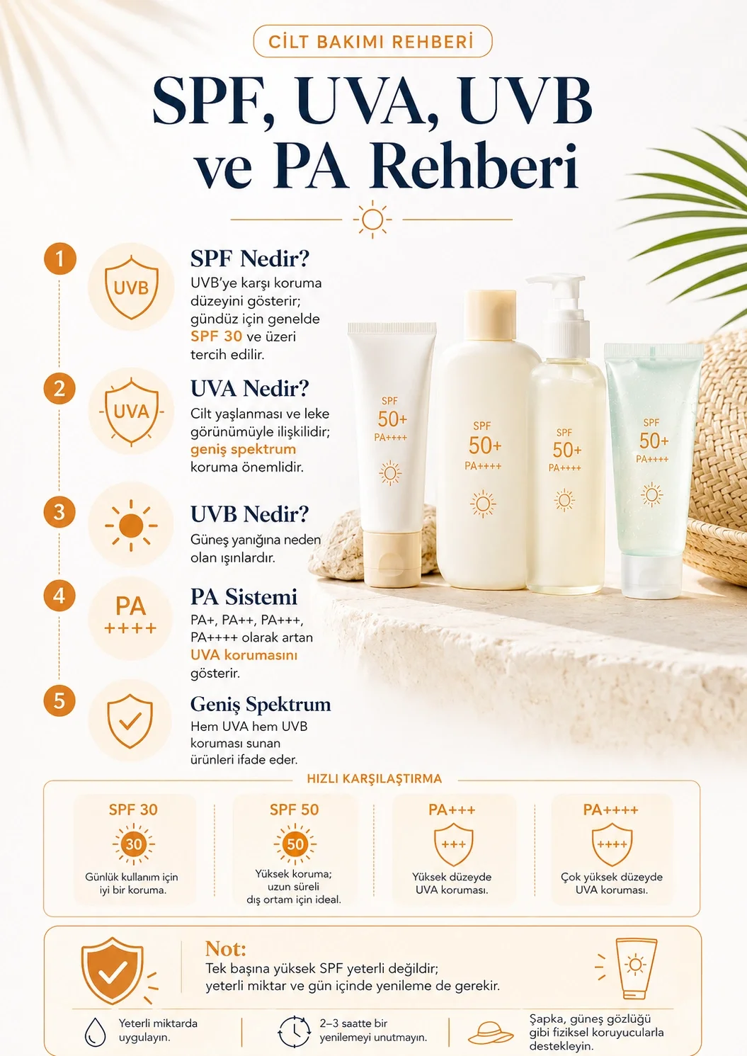 SPF, UVA, UVB, PA ve geniş spektrum güneş koruması rehberi