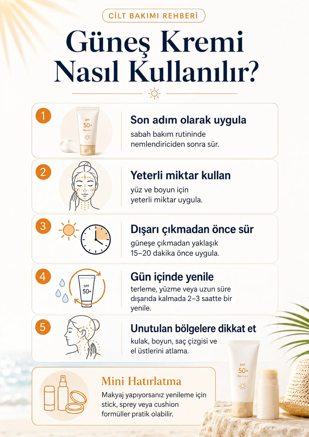 Güneş kreminin doğru miktarda uygulanması ve gün içinde yenilenmesini gösteren infografik