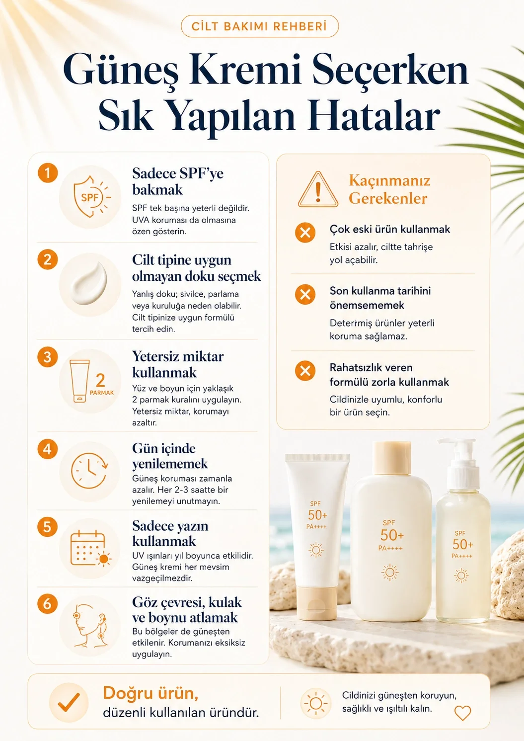 Güneş kremi seçerken yalnızca SPF değerine bakmak ve yetersiz miktarda kullanmak gibi sık yapılan hatalar