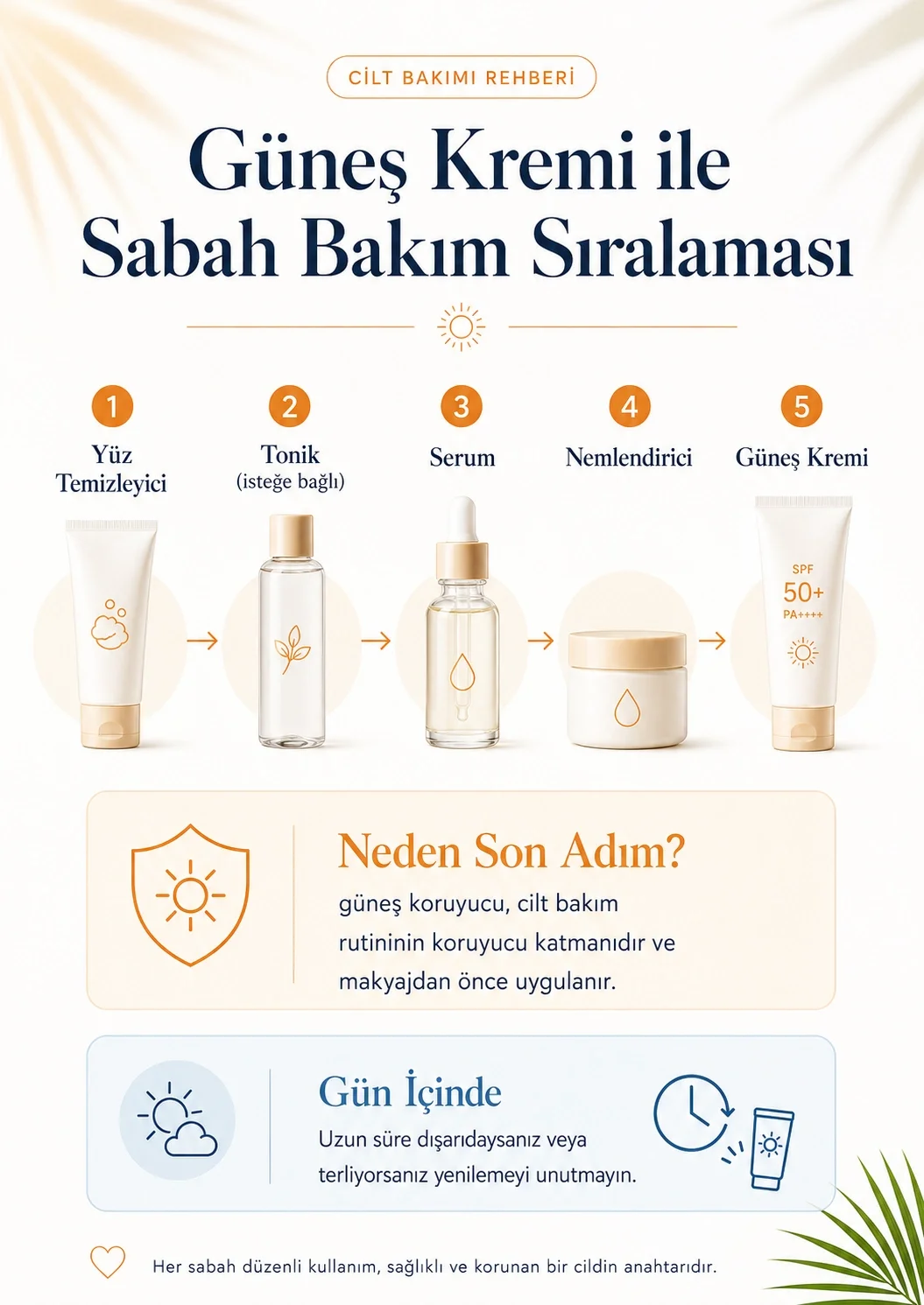 Temizleyici, tonik, serum, nemlendirici ve güneş kreminden oluşan sabah bakım sıralaması