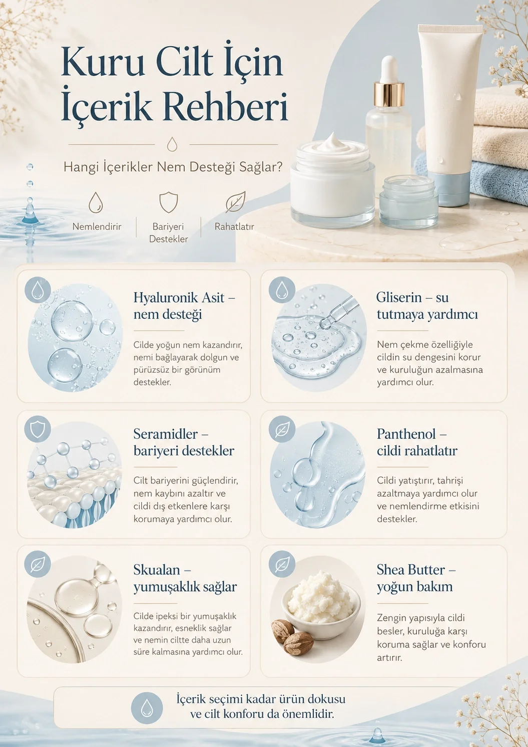 Kuru cilt için içerik rehberini gösteren infografik