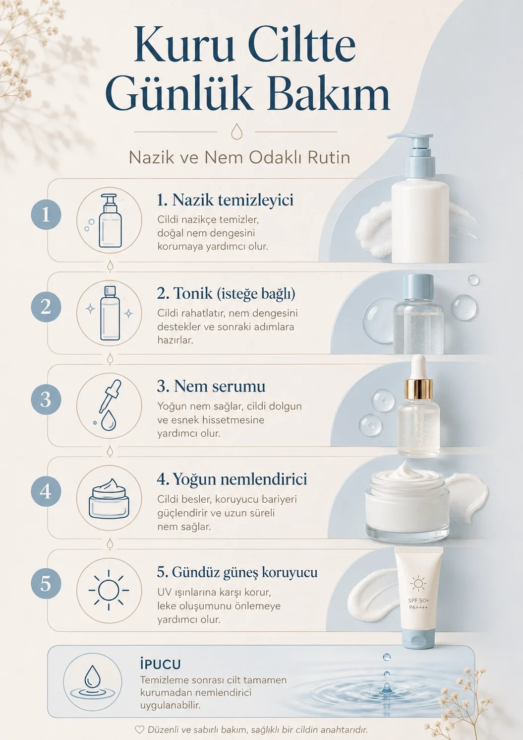 Kuru cilt için günlük bakım rutini infografiği