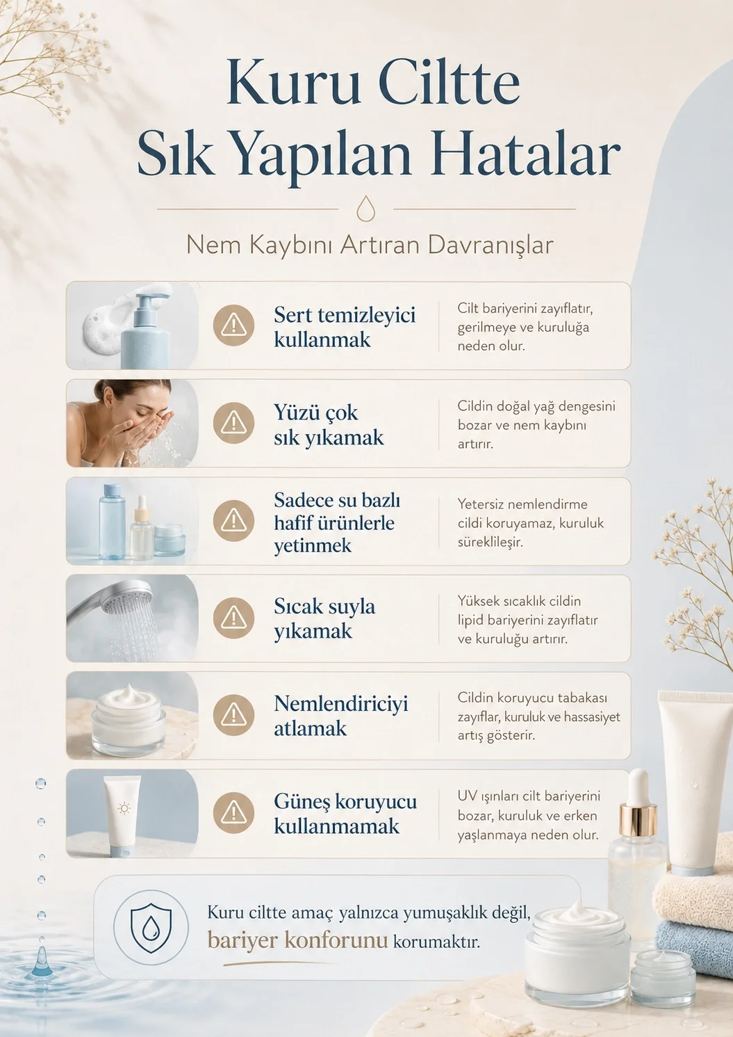 Kuru ciltte sık yapılan hataları gösteren infografik