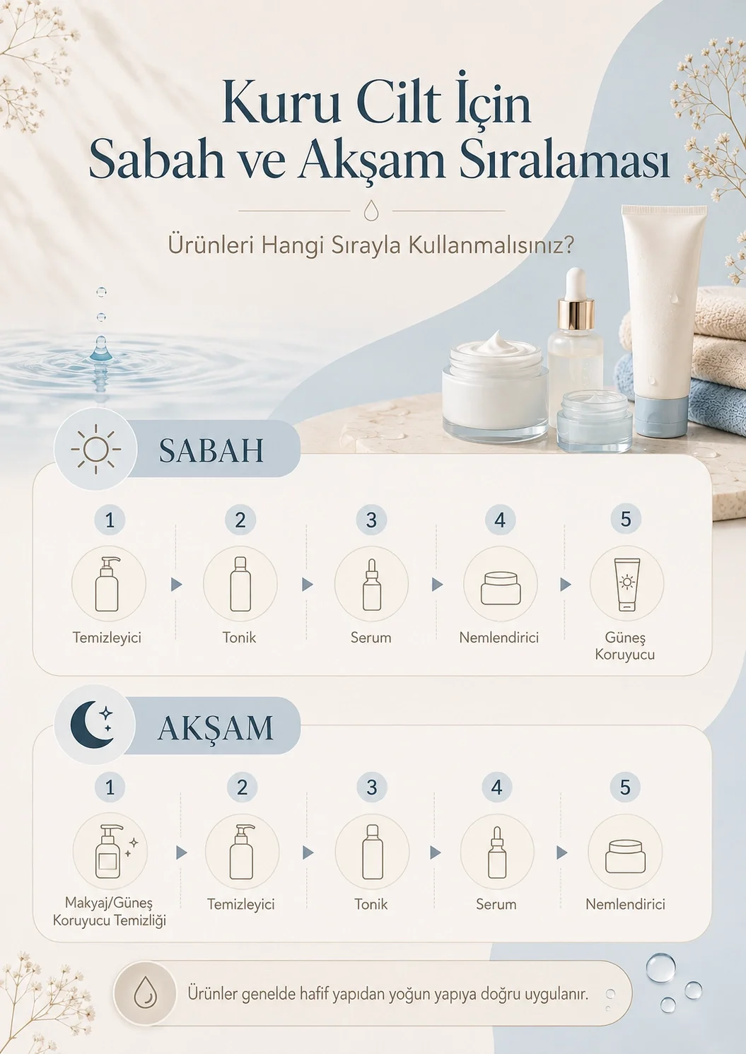 Kuru cilt için sabah ve akşam bakım sıralaması infografiği