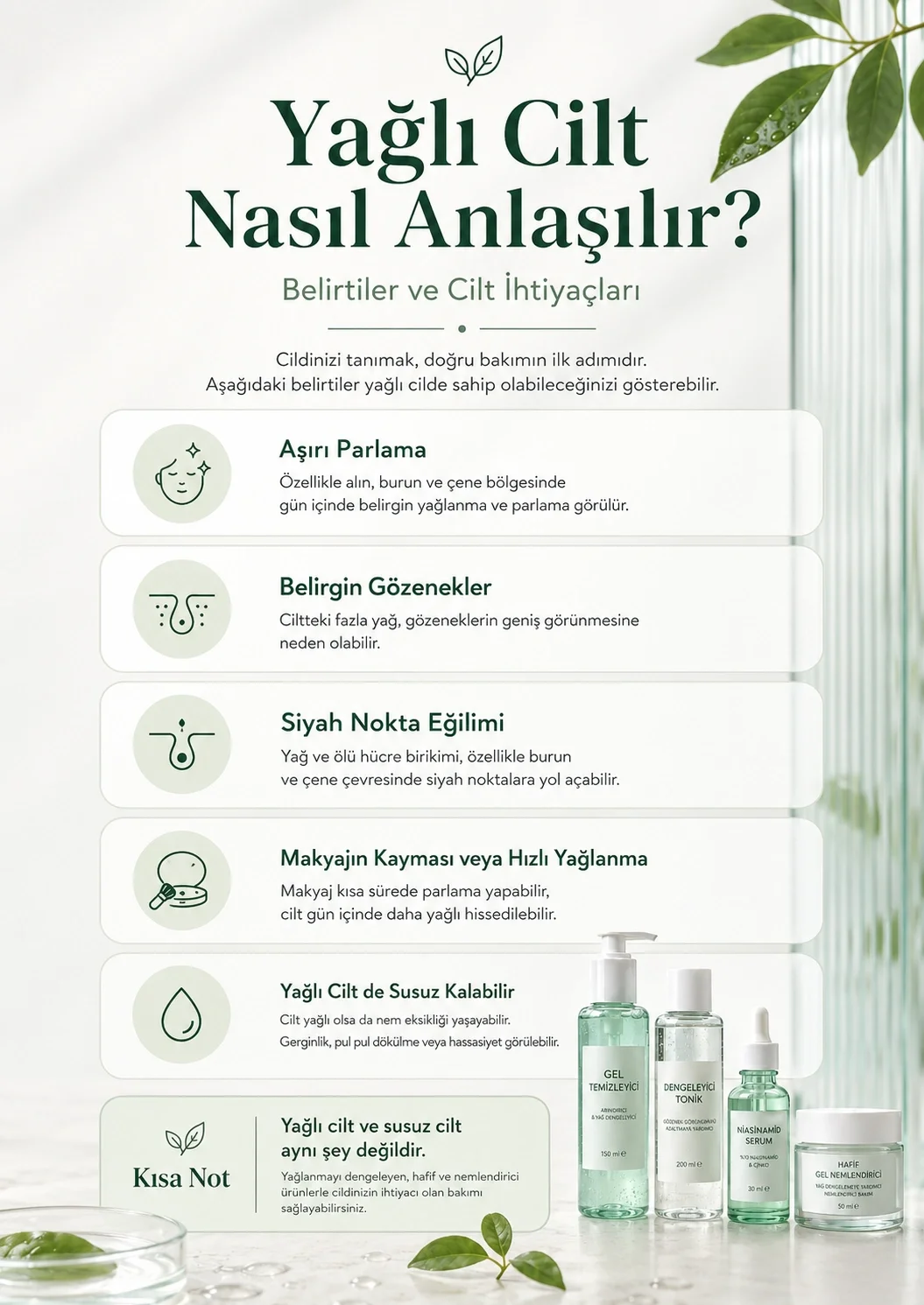 Yağlı cilt belirtileri ve cildin ihtiyaçlarını gösteren infografik