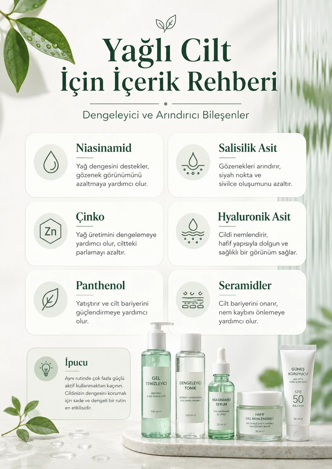 Niacinamide, salisilik asit, çinko, hyaluronik asit, panthenol ve seramid içeren yağlı cilt ürünleri rehberi