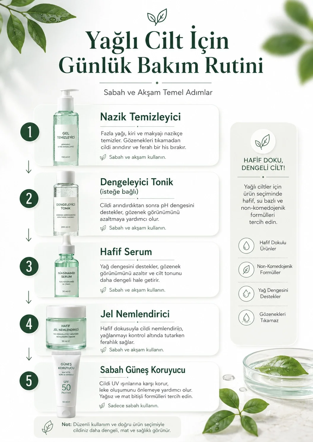 Yağlı cilt için temizleyici, tonik, serum, nemlendirici ve güneş koruyucu adımlarından oluşan günlük bakım rutini
