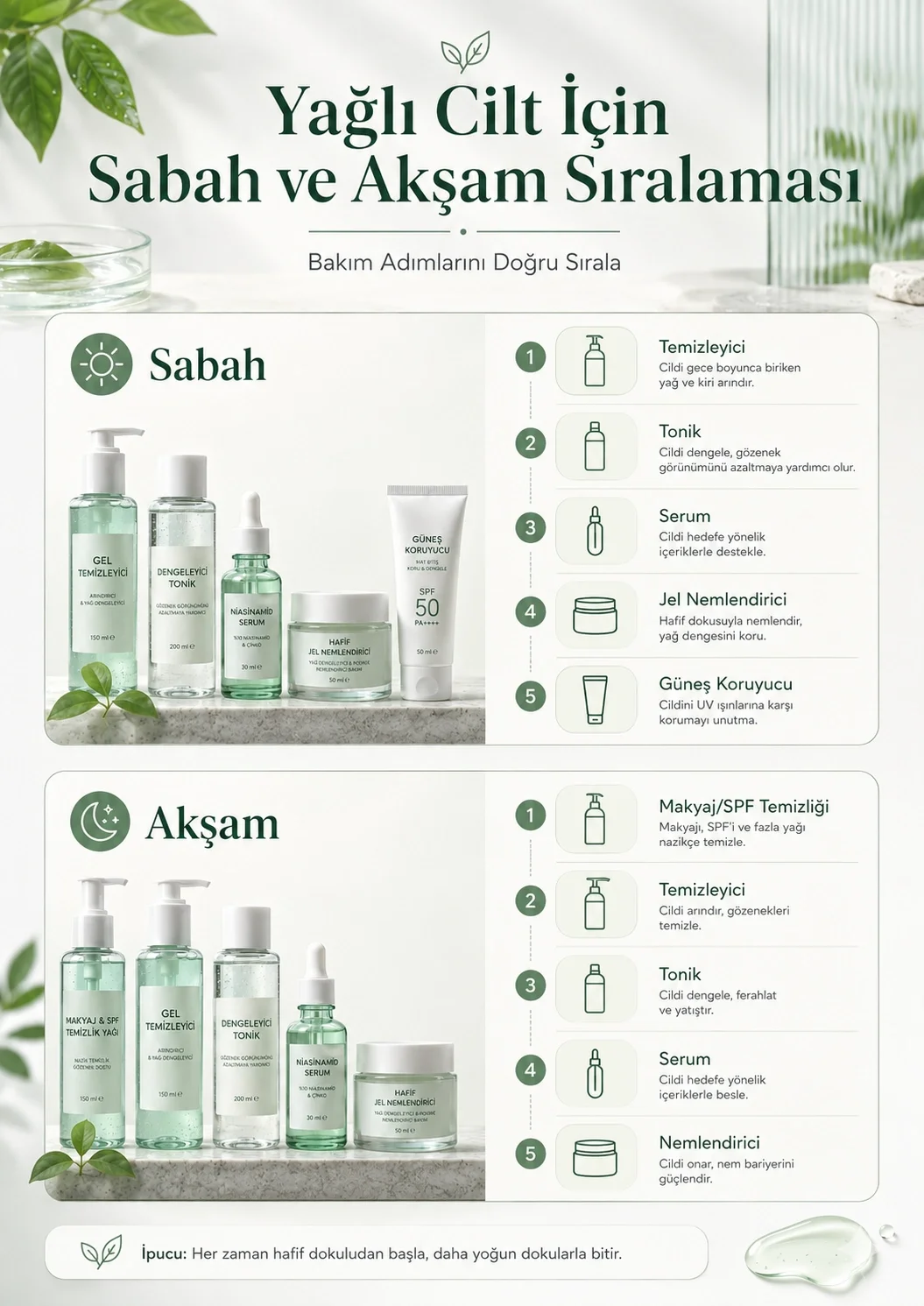 Yağlı cilt için sabah ve akşam bakım sıralamasını gösteren infografik