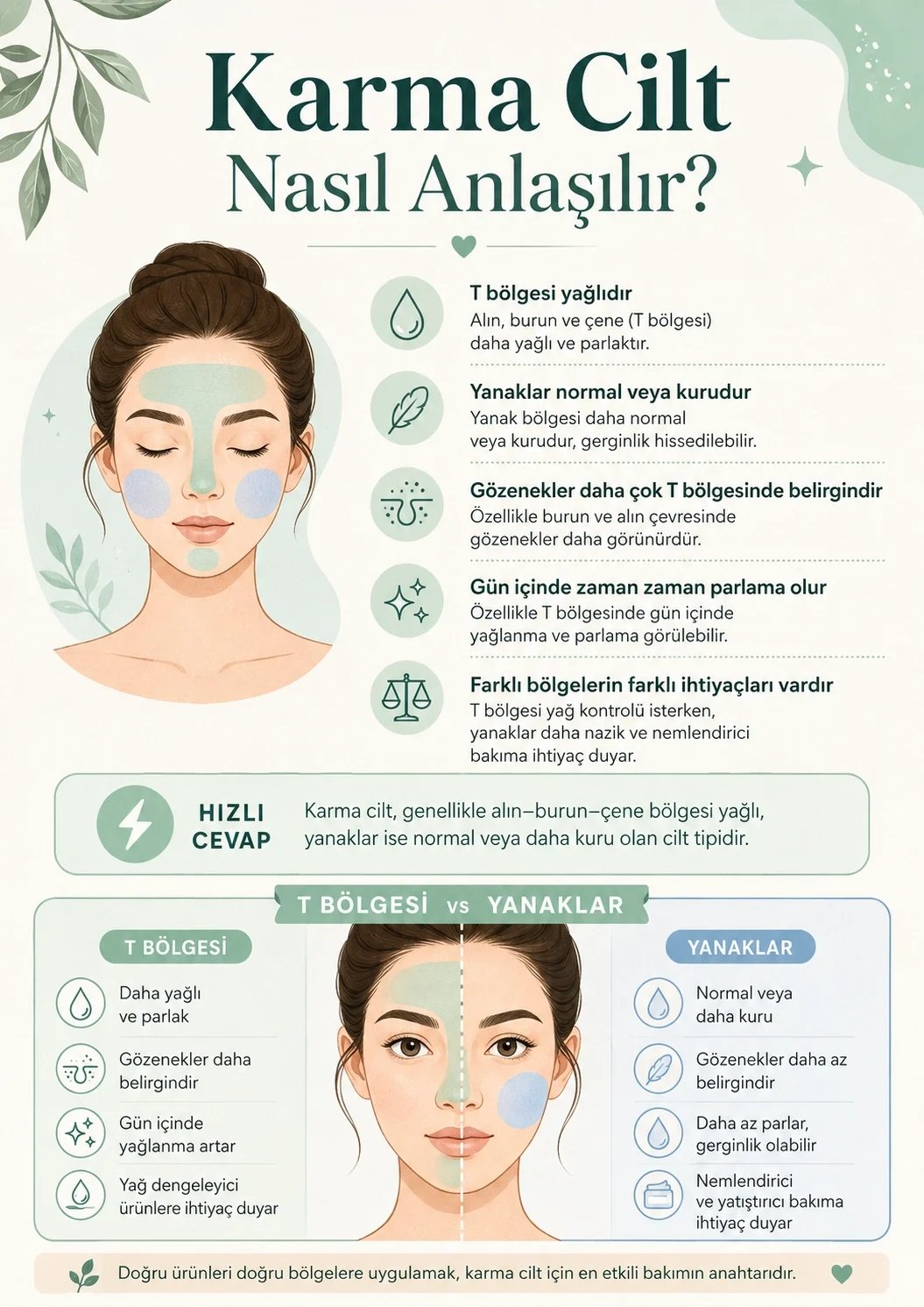 Karma cildin yağlı T bölgesi ve normal veya kuru yanaklar gibi belirtilerini gösteren infografik