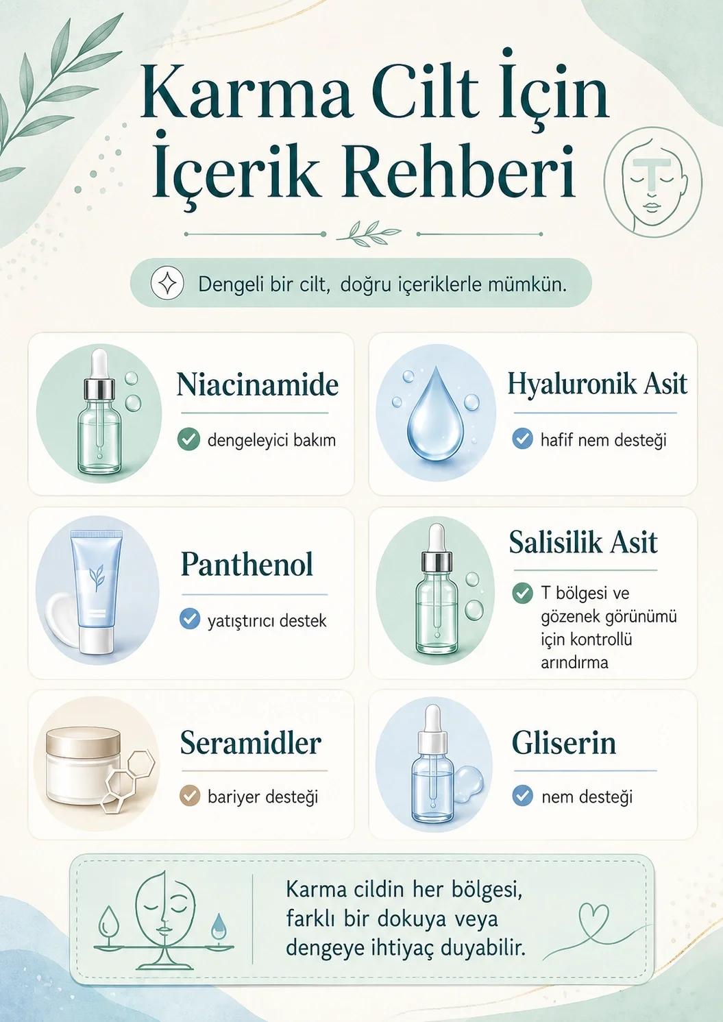 Niacinamide, hyaluronik asit, panthenol, salisilik asit, seramid ve gliserin içeren karma cilt ürünleri rehberi