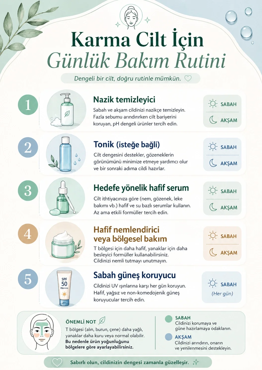 Karma cilt için temizleyici, tonik, serum, nemlendirici ve güneş koruyucudan oluşan günlük bakım rutini