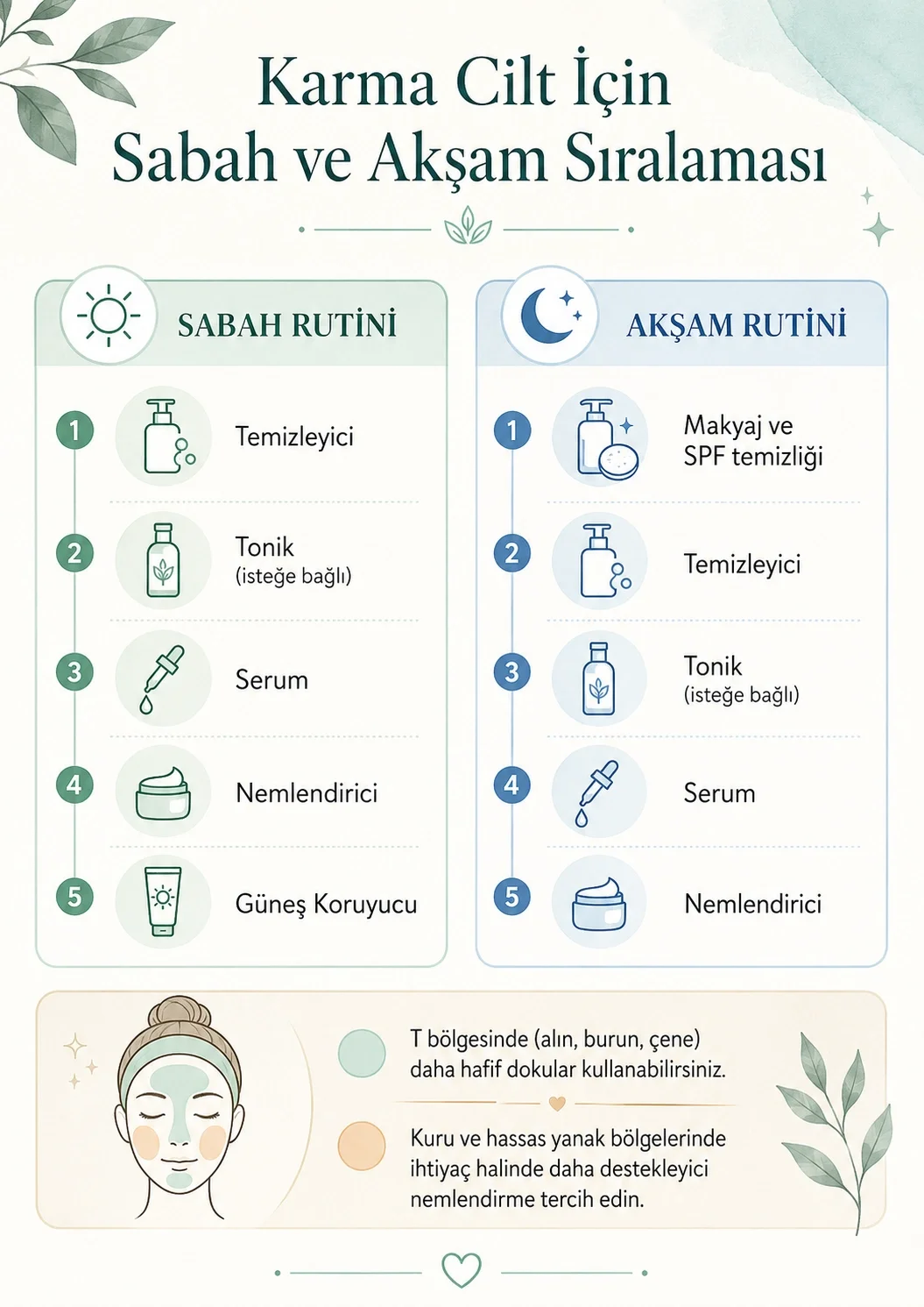 Karma cilt için sabah ve akşam bakım sıralamasını gösteren infografik