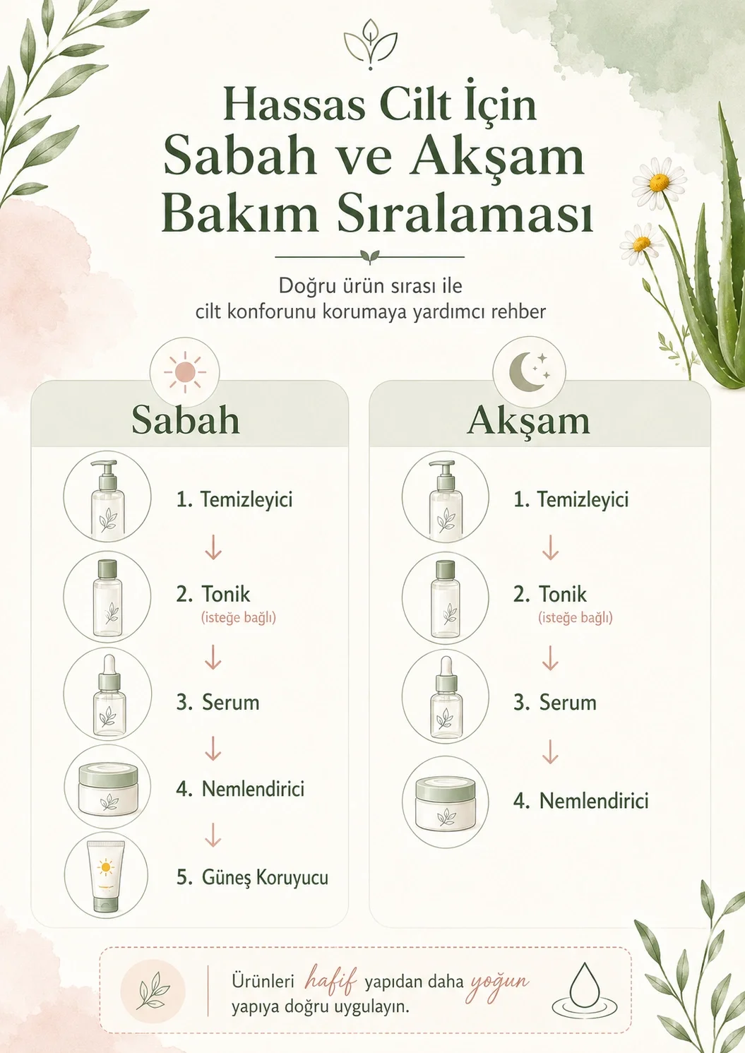 Hassas cilt için sabah ve akşam bakım sıralamasını gösteren infografik