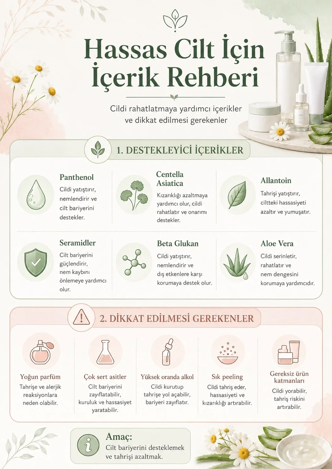 Panthenol, centella asiatica, allantoin, seramid, beta glukan ve aloe vera içeren hassas cilt ürünleri rehberi
