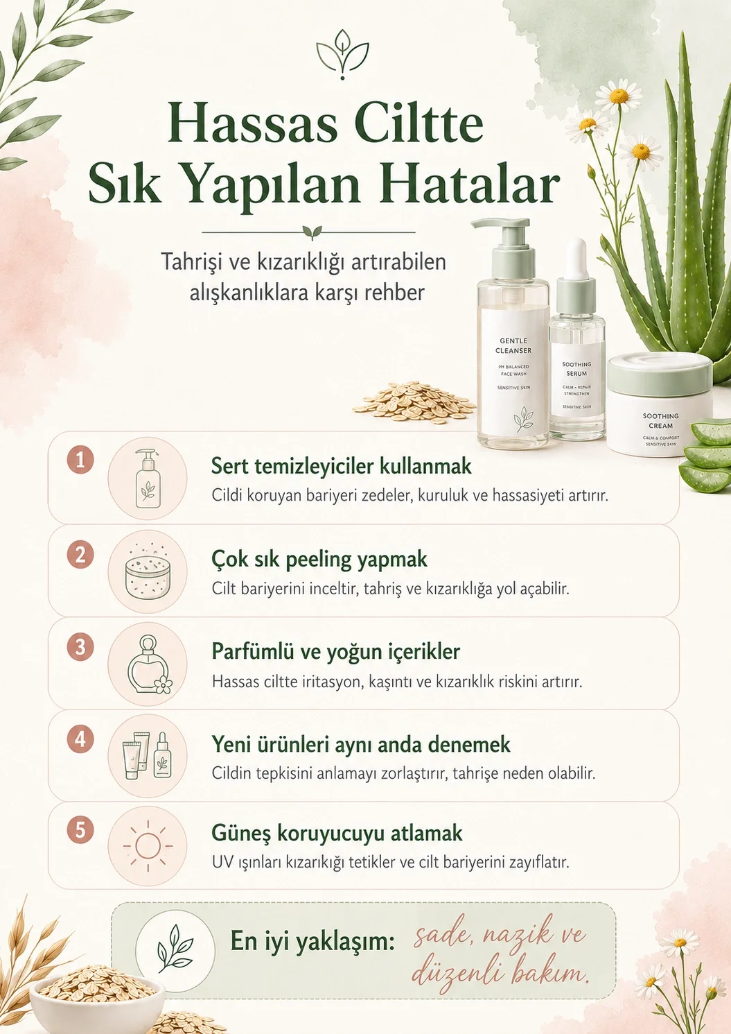 Hassas ciltte sert temizleyici kullanmak, sık peeling yapmak ve yeni ürünleri aynı anda denemek gibi hatalar