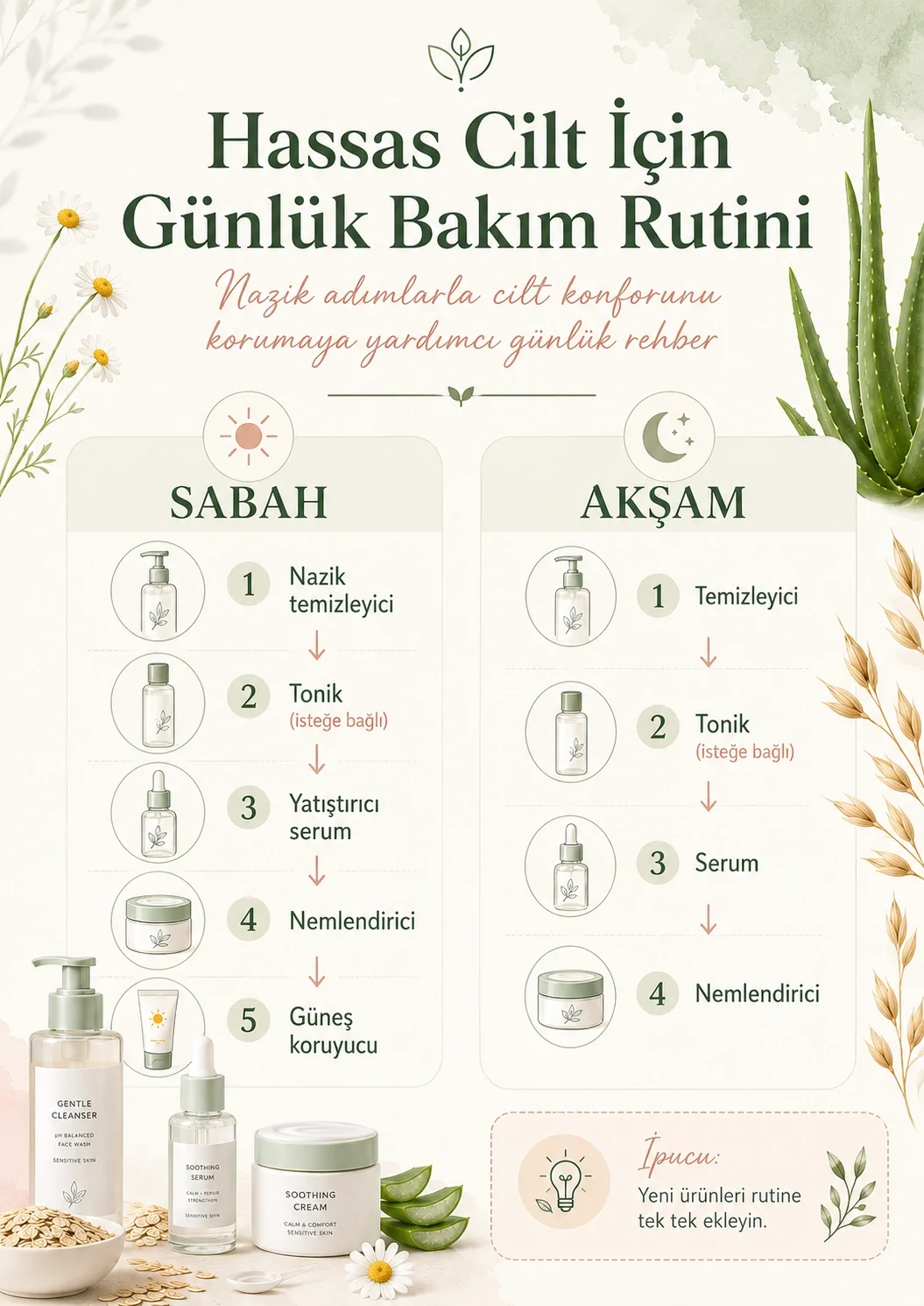 Hassas cilt için nazik temizleyici, tonik, yatıştırıcı serum, nemlendirici ve güneş koruyucudan oluşan günlük bakım rutini