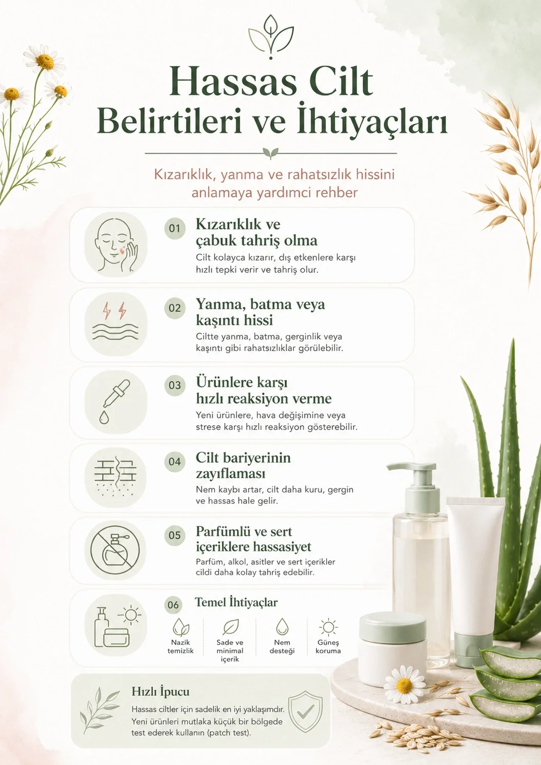 Hassas cilt belirtileri, kızarıklık, yanma, batma ve ürünlere tepki verme eğilimini gösteren infografik