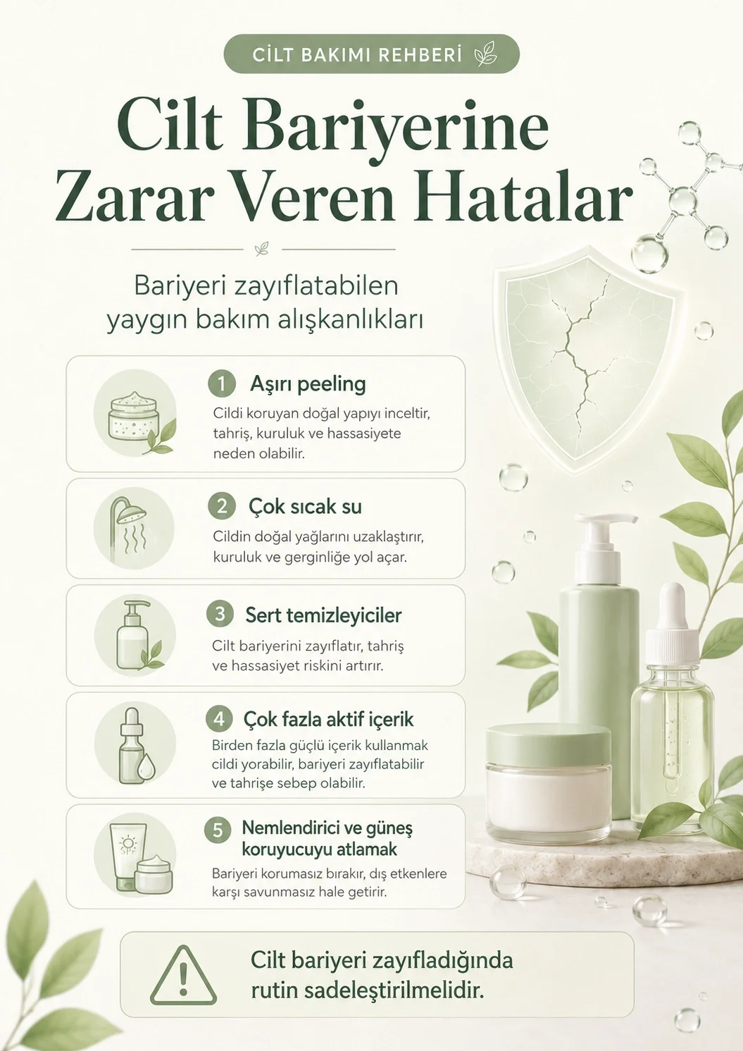 Aşırı peeling, çok sıcak su, sert temizleyici ve fazla aktif kullanımı gibi cilt bariyerine zarar verebilen alışkanlıklar