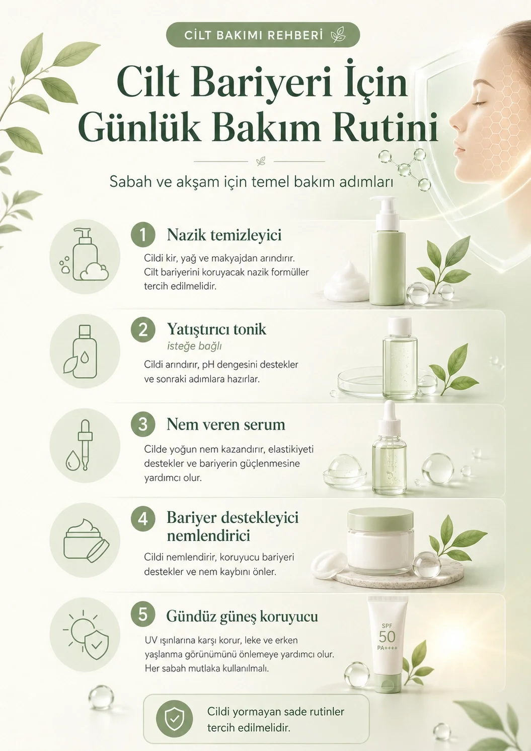 Nazik temizleyici, yatıştırıcı tonik, nem serumu, bariyer destekleyici nemlendirici ve güneş koruyucudan oluşan bakım rutini