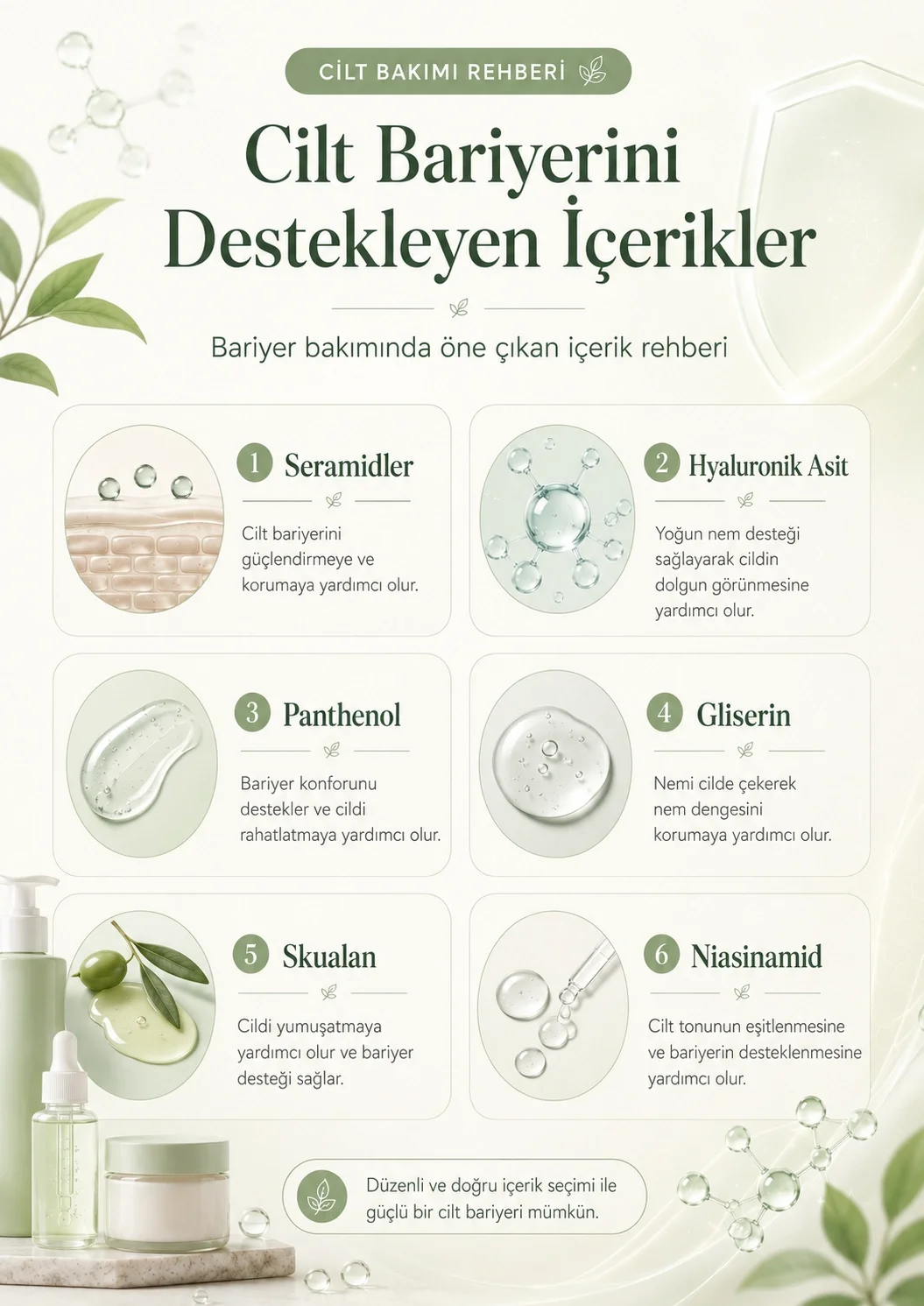 Seramid, hyaluronik asit, panthenol, gliserin, skualan ve niacinamide içeren bariyer destekleyici ürünler