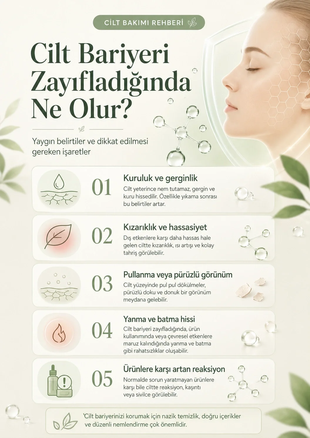 Cilt bariyeri zayıfladığında görülebilen kuruluk, gerginlik, kızarıklık, pullanma ve yanma belirtileri