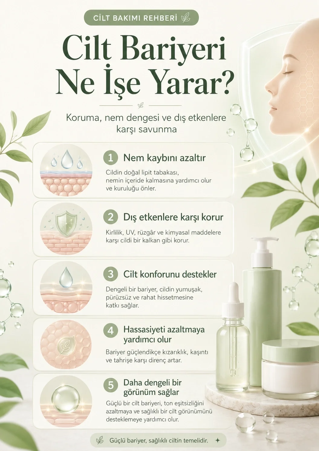 Cilt bariyerinin nem kaybını azaltma, dış etkenlere karşı koruma ve cilt konforunu destekleme görevlerini gösteren infografik