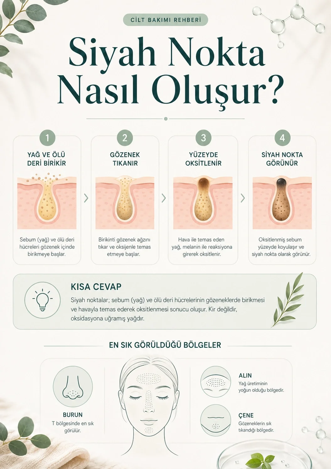 Yağ ve ölü deri birikiminden siyah nokta oluşumuna kadar açık komedon sürecini gösteren infografik