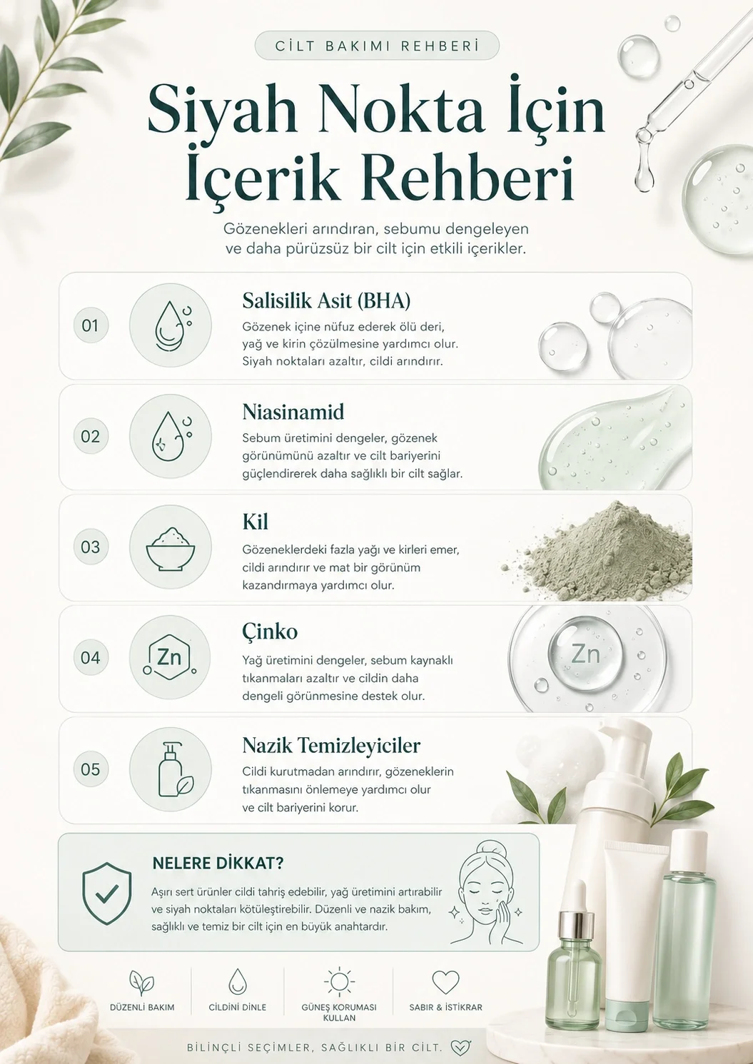 Salisilik asit, niacinamide, kil, çinko ve nazik temizleyicilerden oluşan siyah nokta içerik rehberi