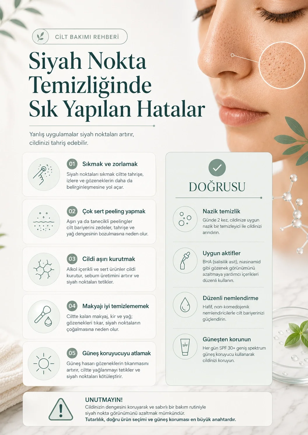Siyah noktaları sıkmak, sert peeling yapmak ve cildi aşırı kurutmak gibi sık yapılan hatalar