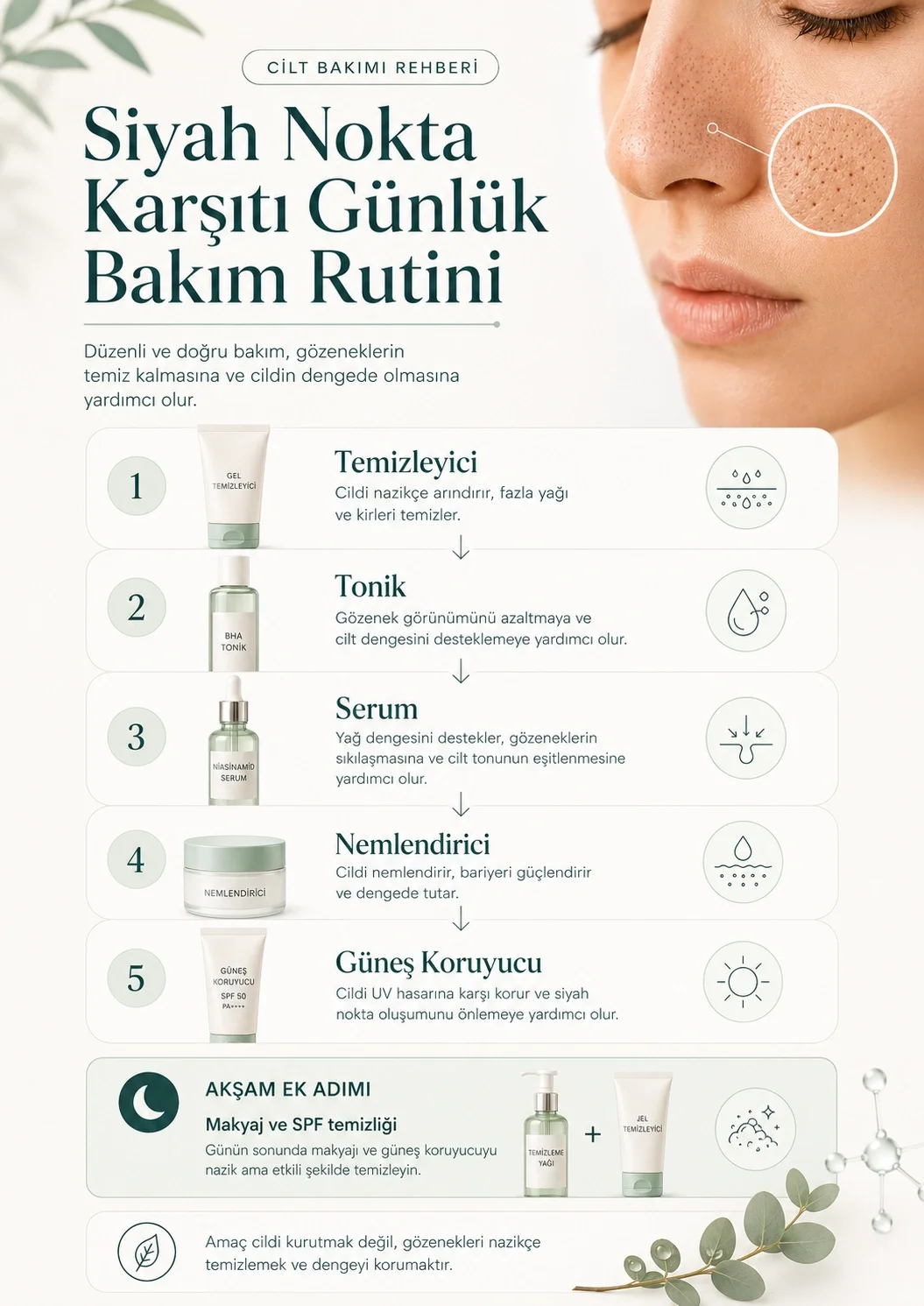 Temizleyici, tonik, serum, nemlendirici ve güneş koruyucudan oluşan siyah nokta karşıtı günlük bakım rutini