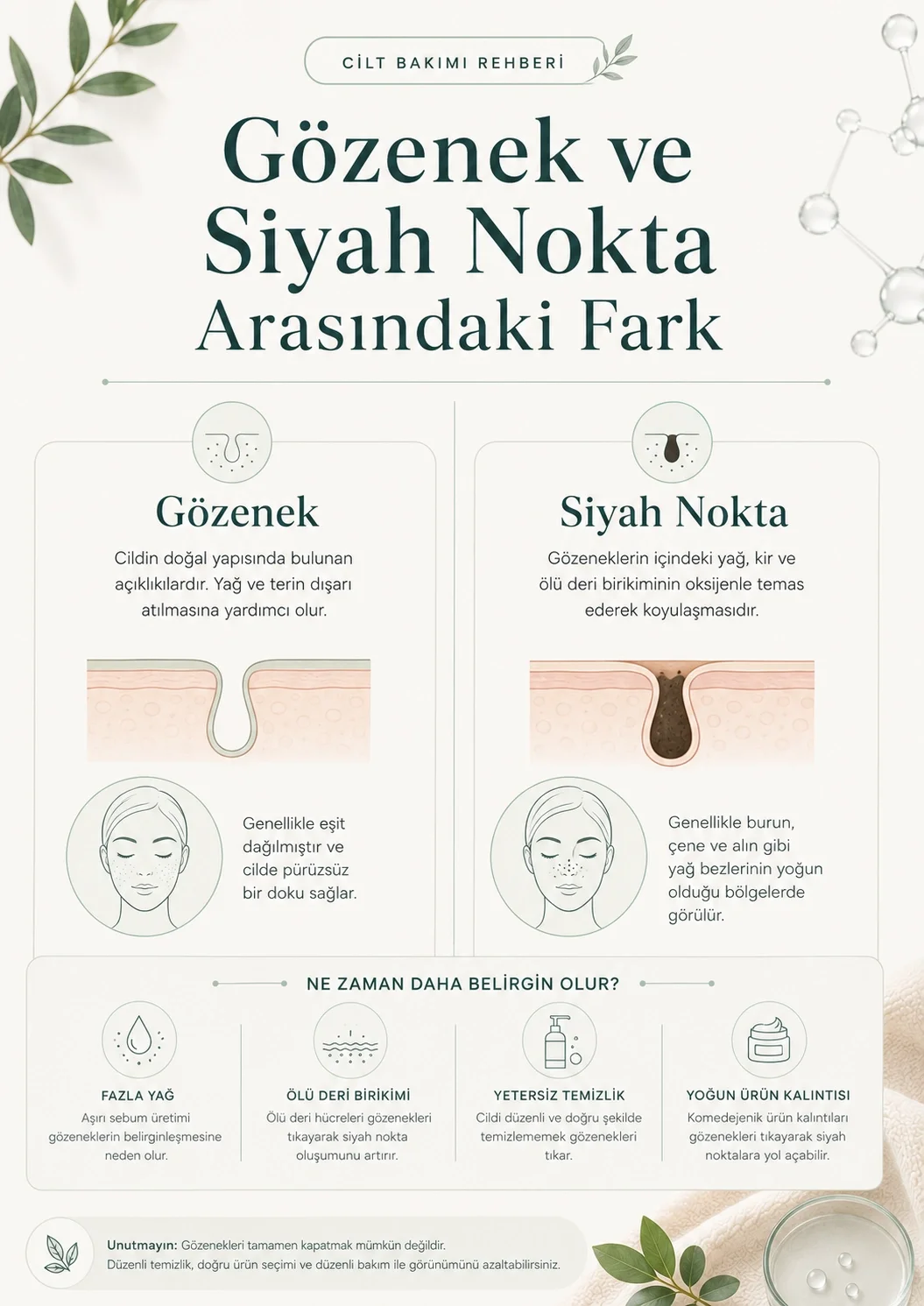 Gözenek ile siyah nokta arasındaki yapısal farkı gösteren cilt kesiti infografiği