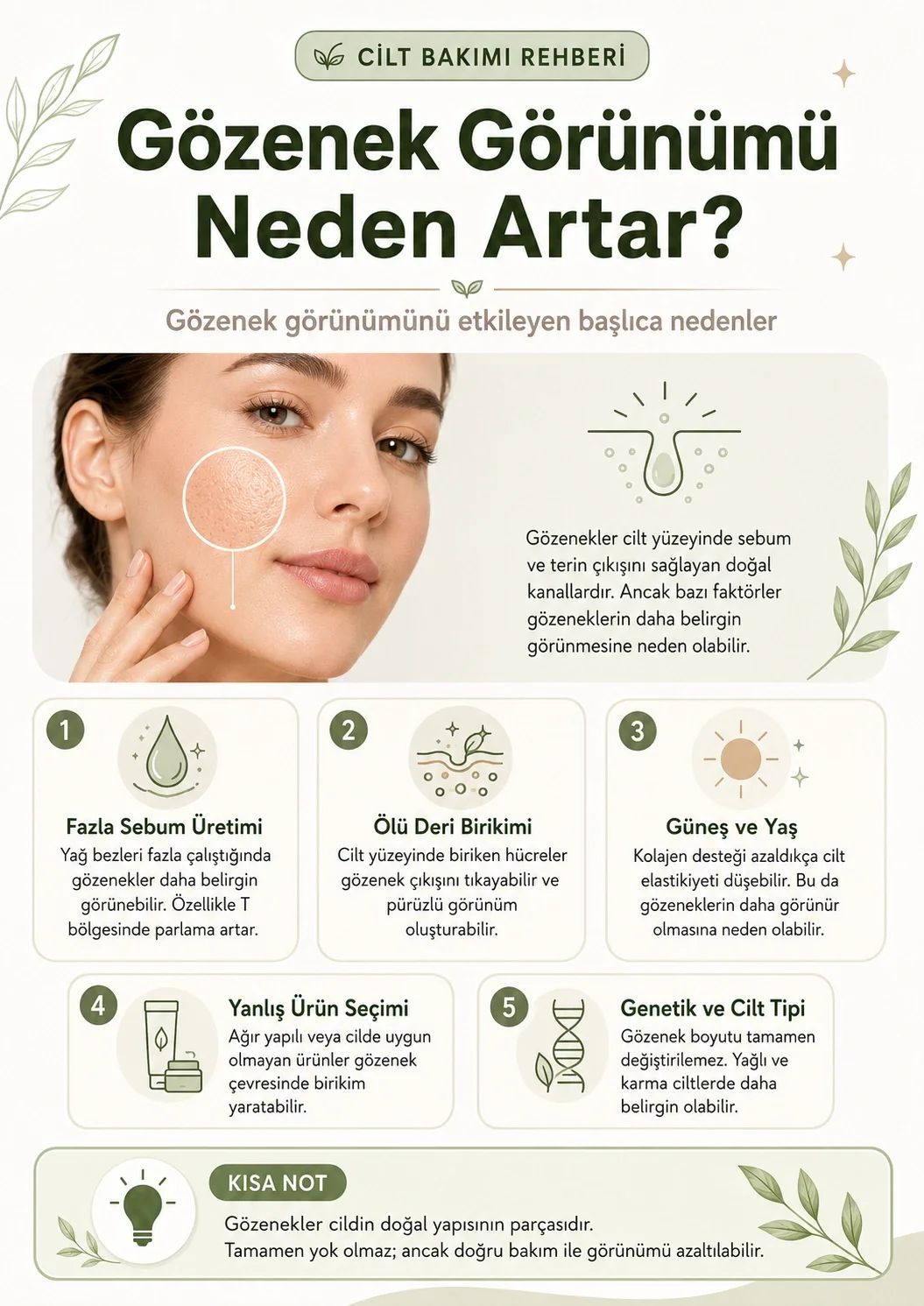 Fazla sebum, ölü deri birikimi, güneş, yaş, yanlış ürün seçimi ve genetik nedeniyle artan gözenek görünümü