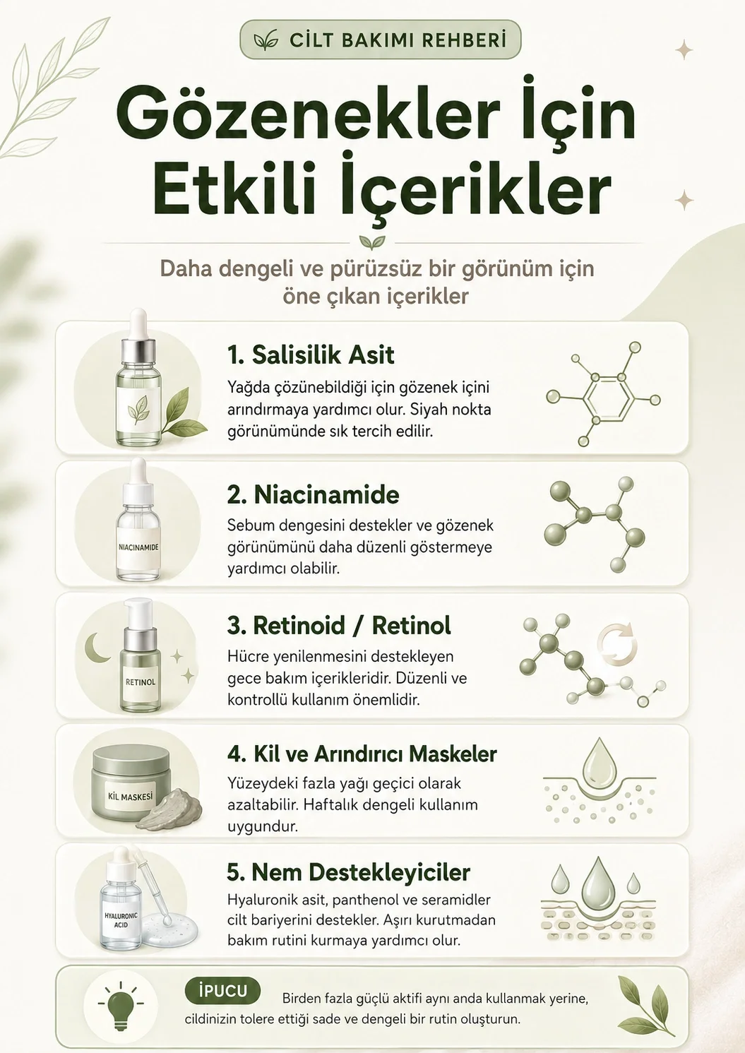 Salisilik asit, niacinamide, retinoid, kil ve nem destekleyici içeriklerden oluşan gözenek bakım rehberi