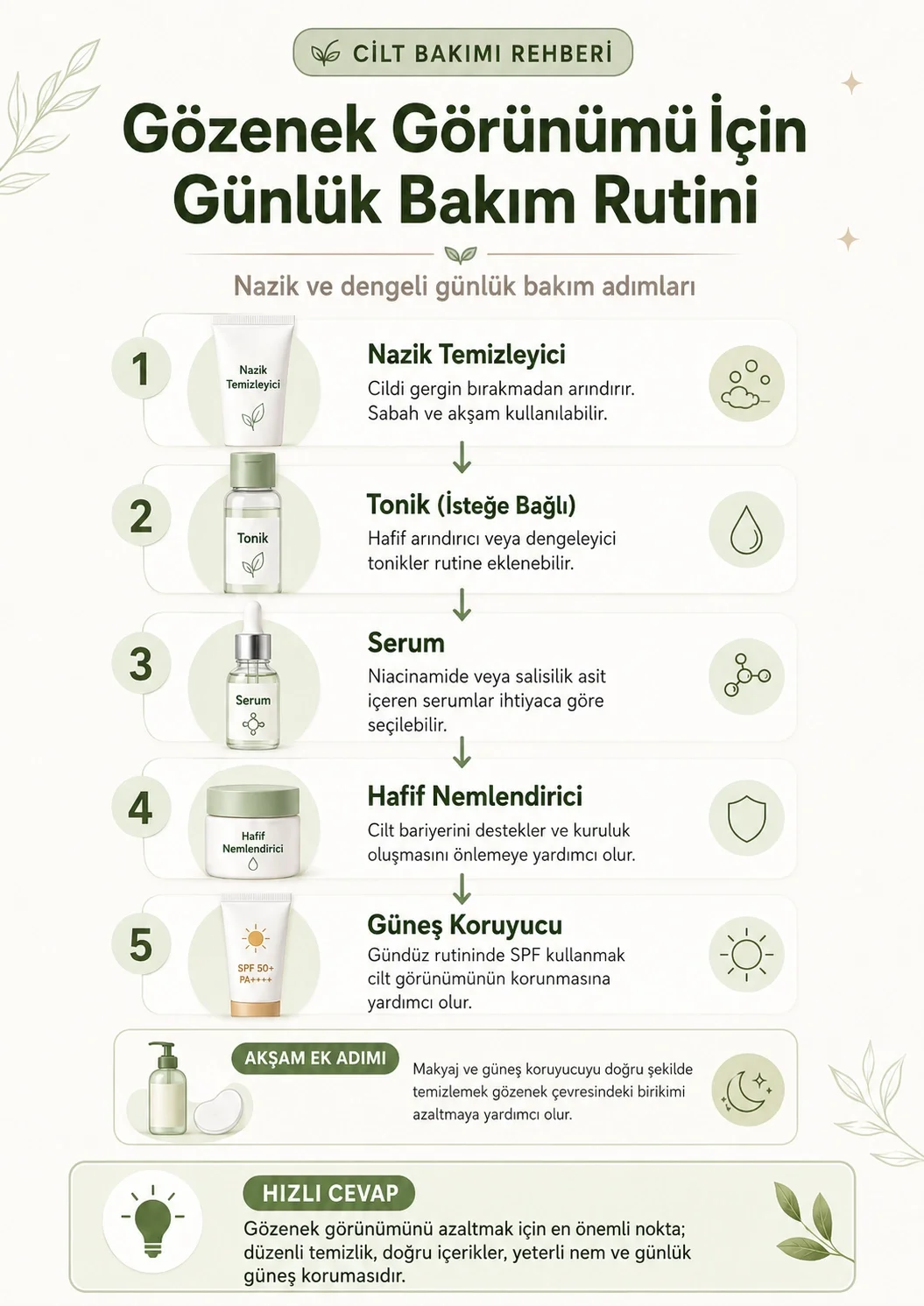 Temizleyici, tonik, serum, nemlendirici ve güneş koruyucudan oluşan gözenek görünümüne yönelik günlük bakım rutini