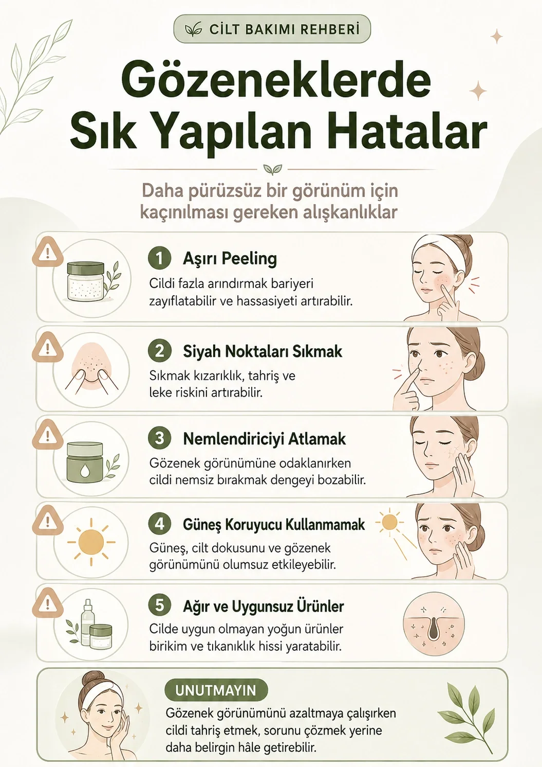 Aşırı peeling, siyah noktaları sıkmak, nemlendiriciyi atlamak ve güneş koruyucu kullanmamak gibi gözenek bakım hataları