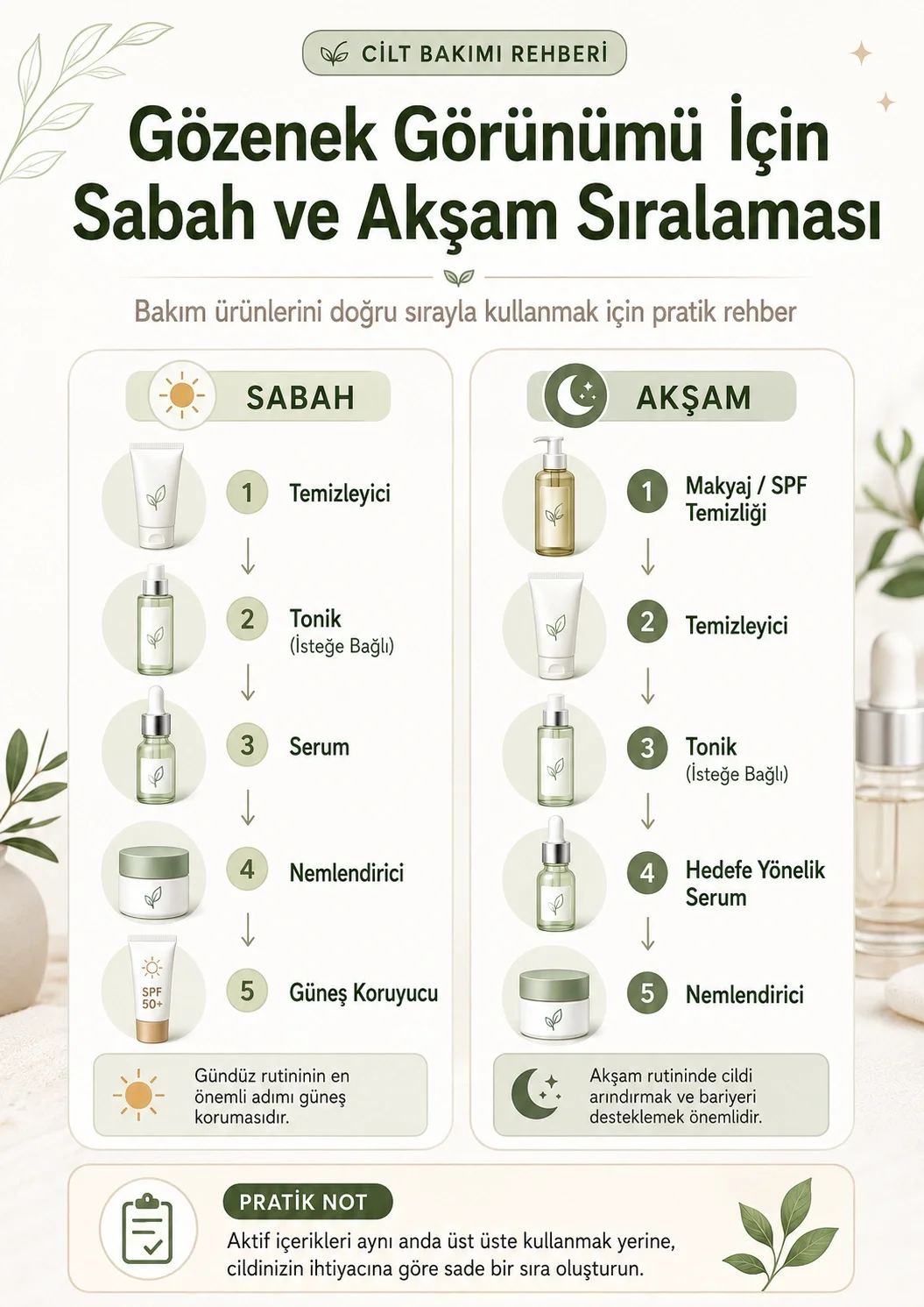 Gözenek görünümüne yönelik sabah ve akşam cilt bakım sıralamasını gösteren infografik
