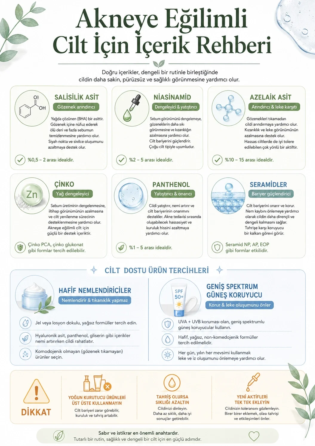 Salisilik asit, niacinamide, azelaik asit, çinko, panthenol ve seramid içeren akneye eğilimli cilt bakım ürünleri