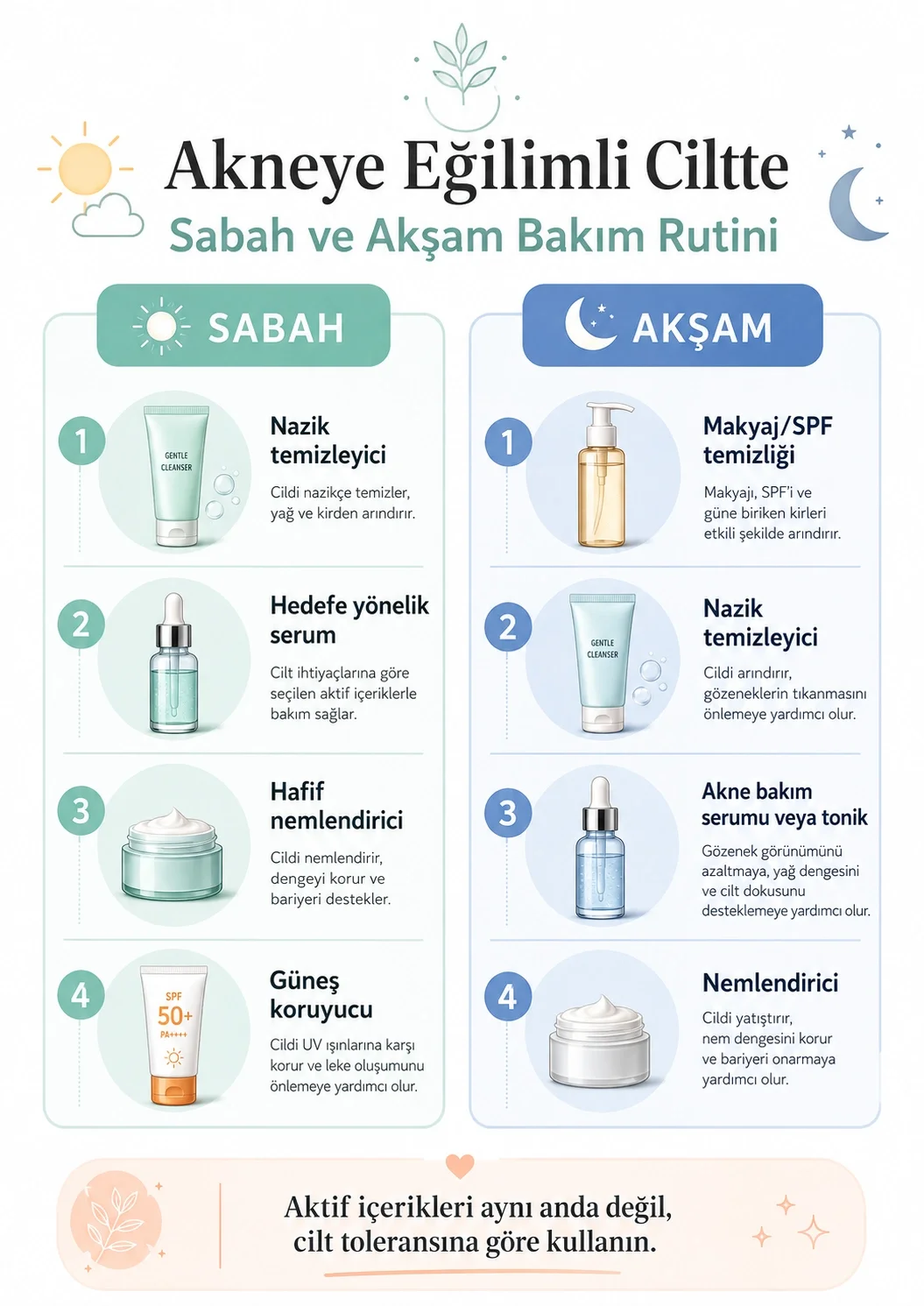 Akneye eğilimli cilt için sabah ve akşam temizleyici, serum, nemlendirici ve güneş koruyucu sıralaması