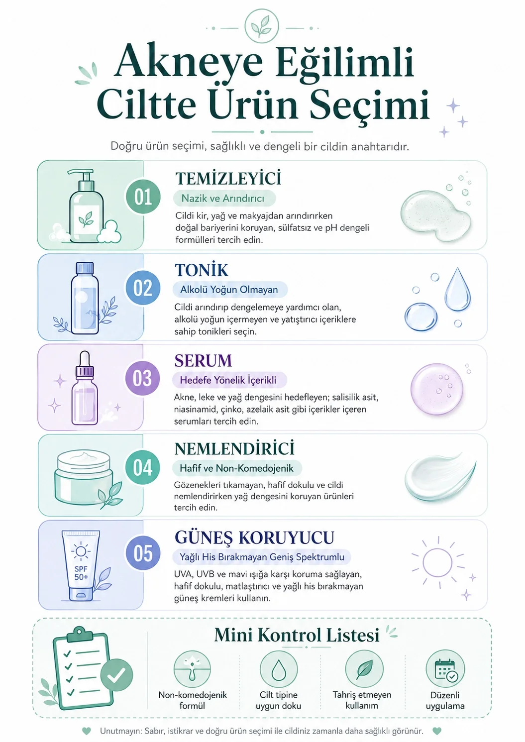 Akneye eğilimli cilt için temizleyici, tonik, serum, nemlendirici ve güneş koruyucu seçimi