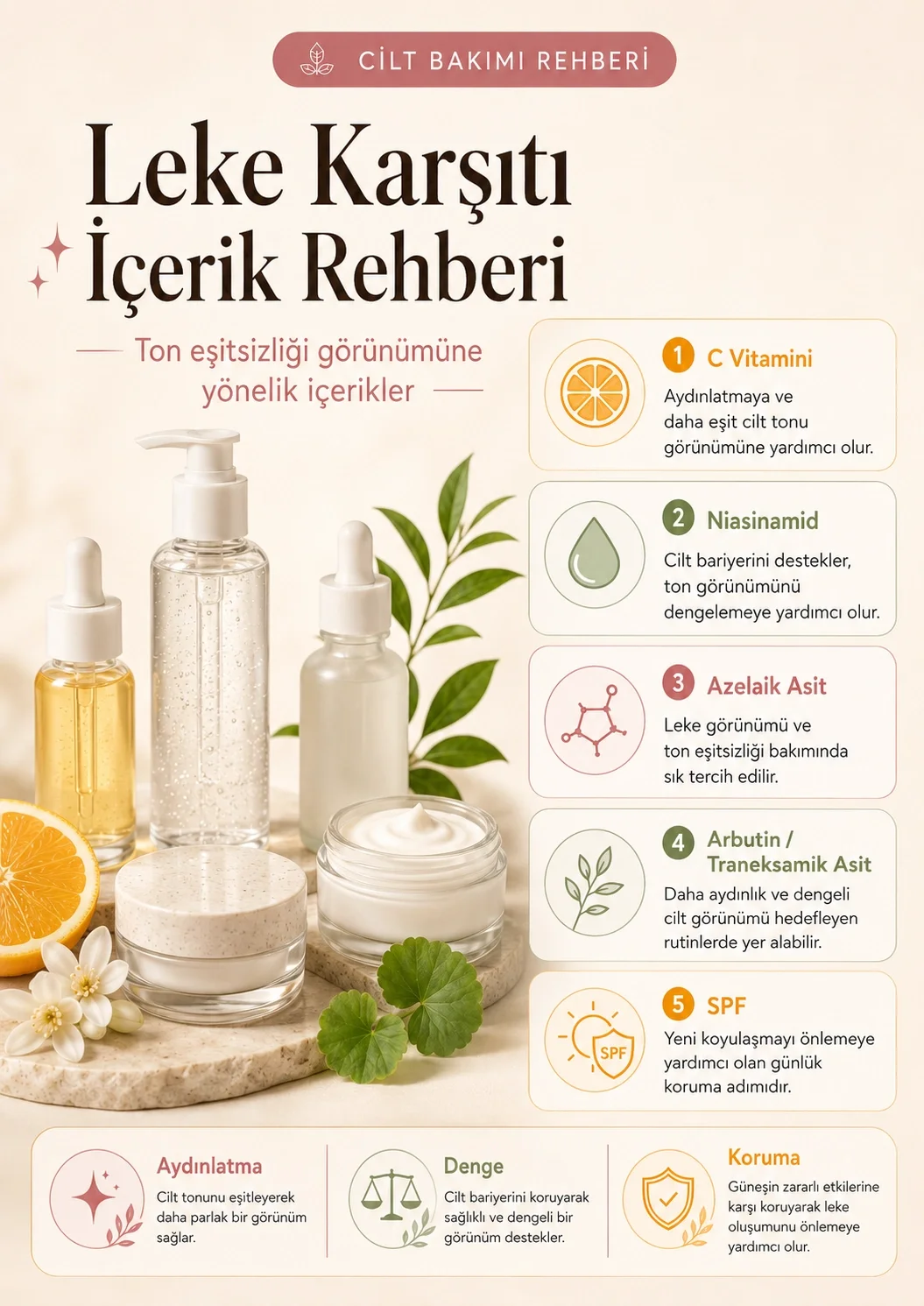 Leke görünümü için kullanılabilecek aktif içerikleri anlatan infografik