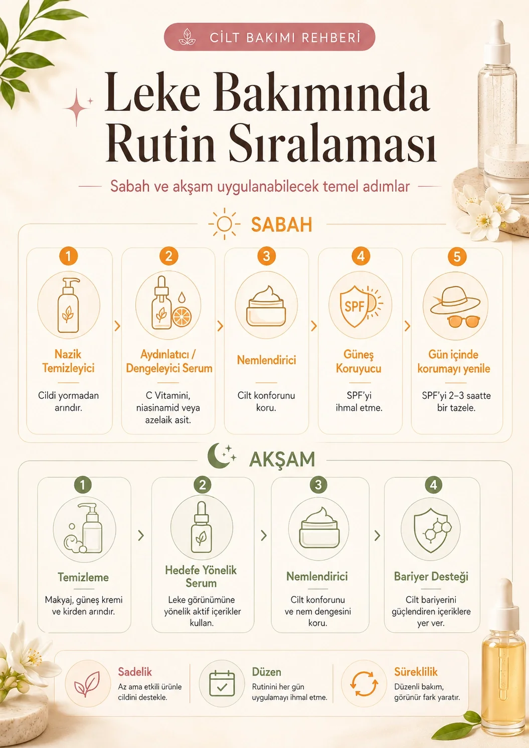 Leke görünümüne yönelik sabah ve akşam bakım sıralaması infografiği