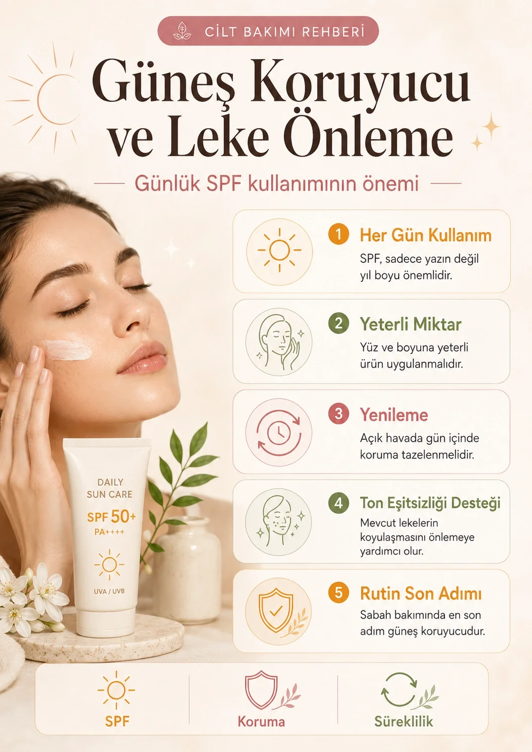 Güneş koruyucu kullanımının leke görünümünü önlemedeki önemini anlatan infografik