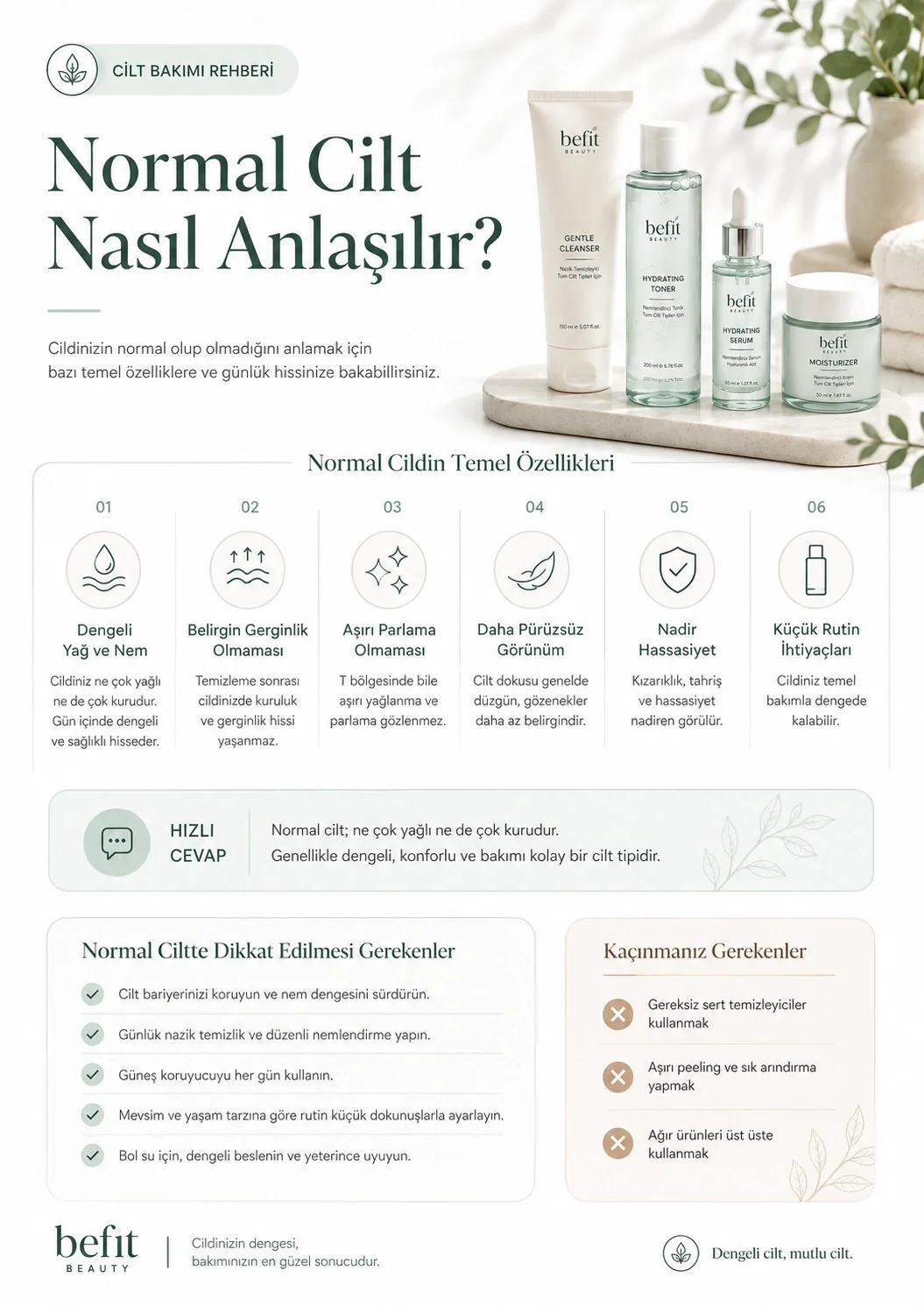 Normal cildin temel özelliklerini anlatan infografik