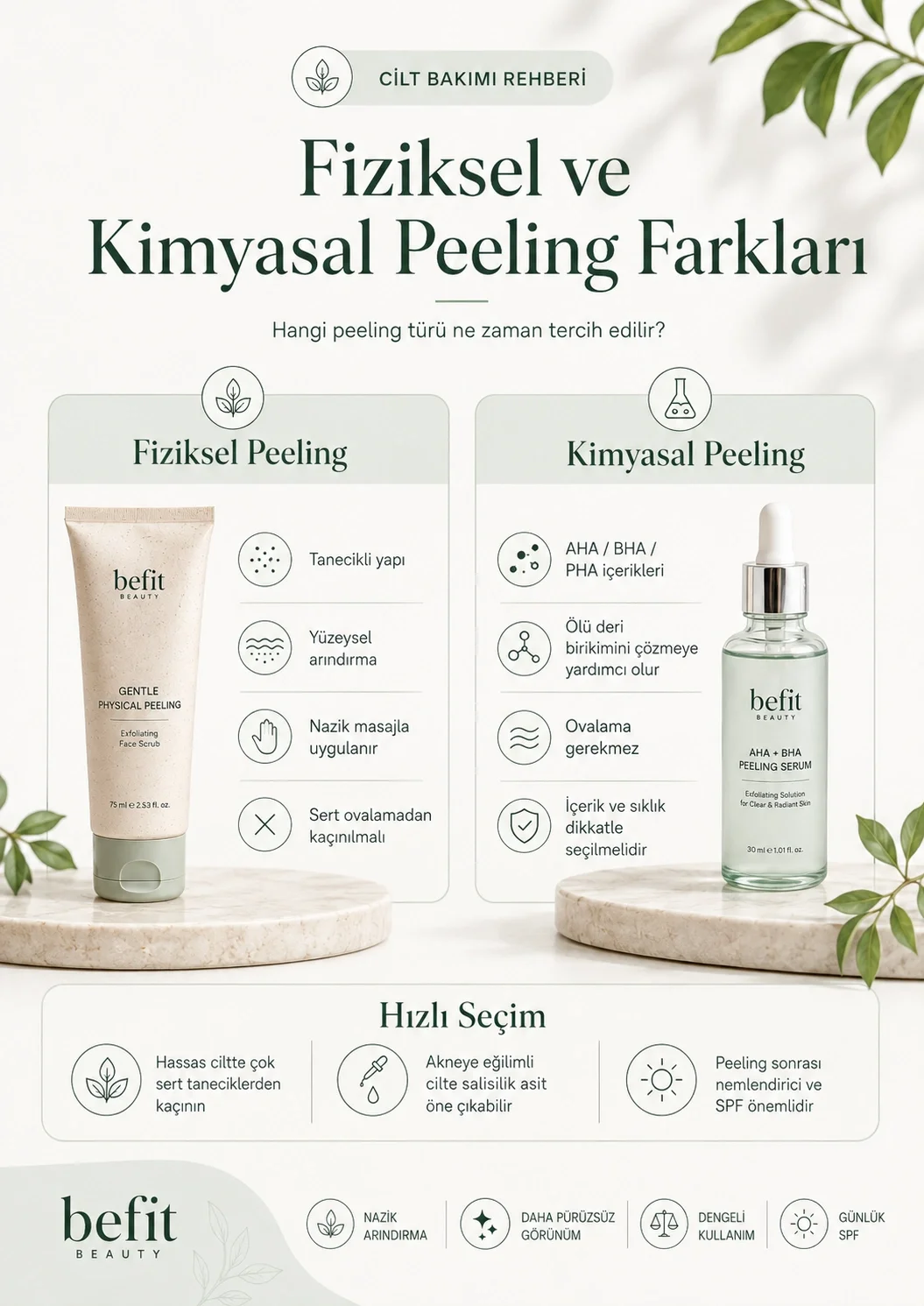 Fiziksel ve kimyasal yüz peelingi arasındaki farkları gösteren infografik