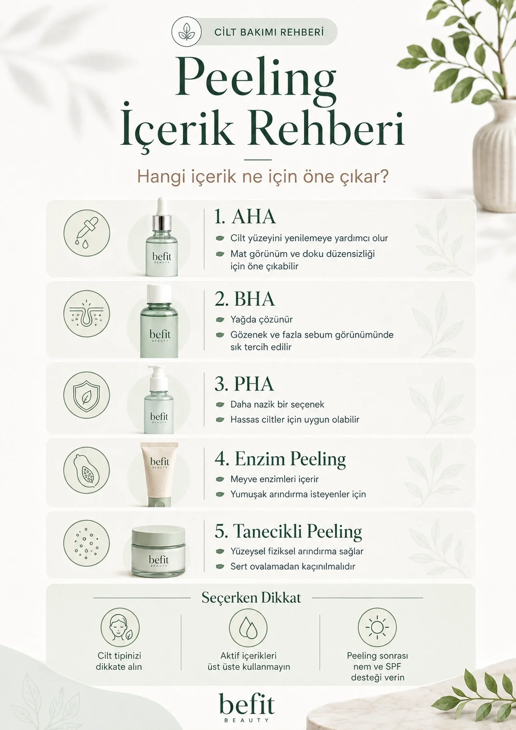 AHA, BHA, PHA, enzim ve tanecikli peeling içeriklerini açıklayan infografik