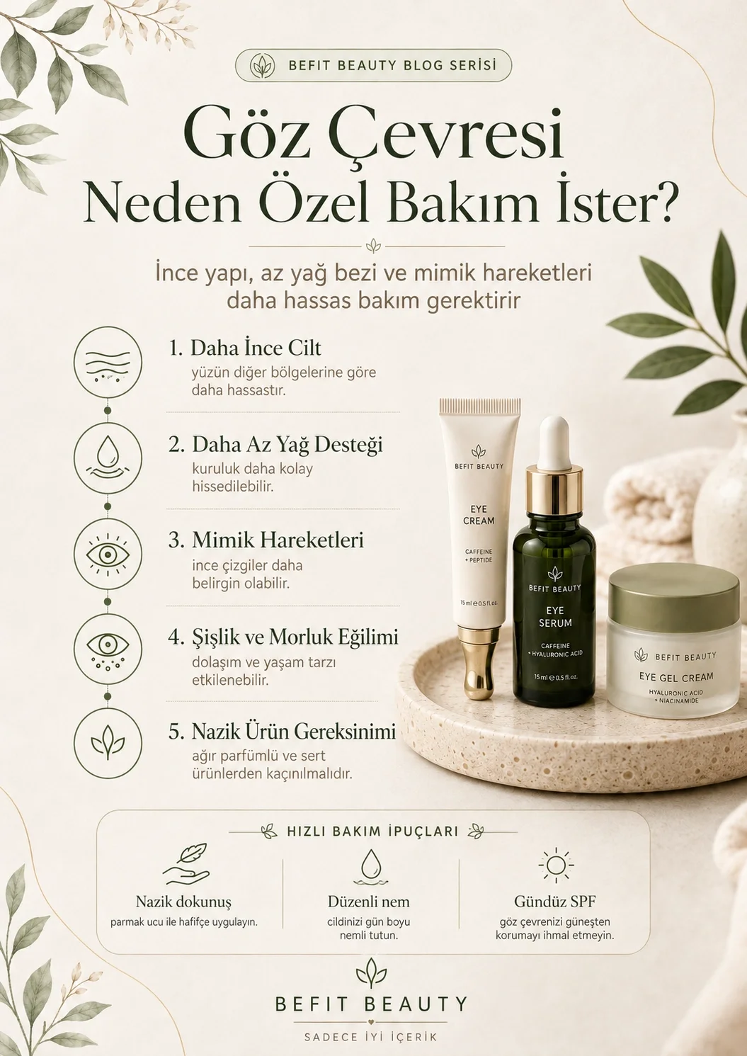 Göz çevresinin ince yapısı, kuruluk, mimik hareketleri, şişlik ve hassasiyet özelliklerini anlatan infografik